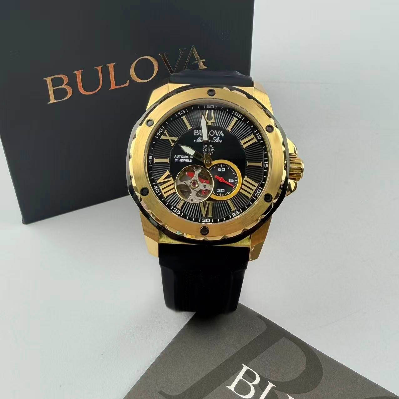 Bulova 98A272 Men’s Marine Star Automatic Watch Black Dial Silicone Strap 44.5mm