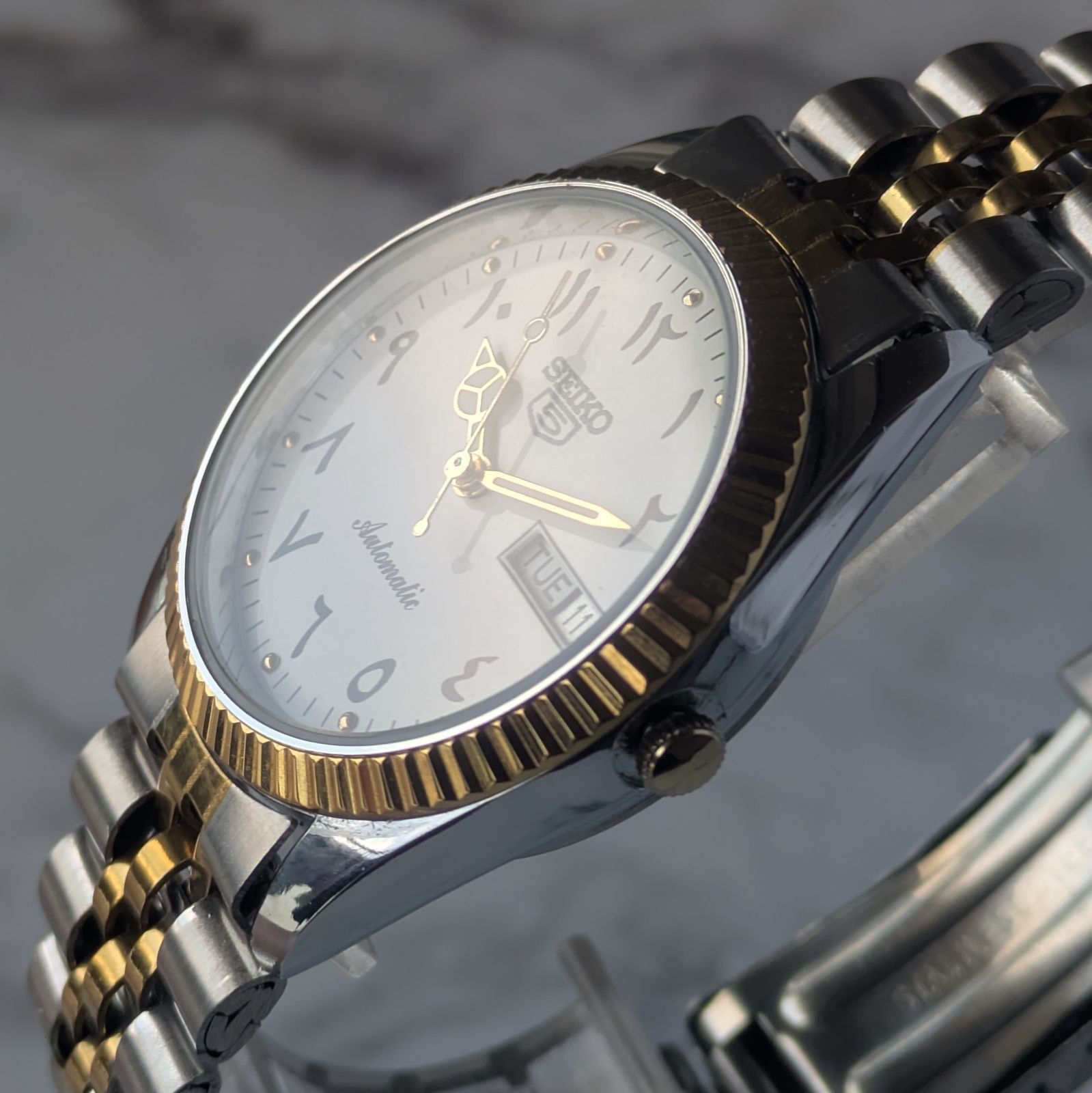 SEIKO 1980-1989 5 Automatic White Dial Gold Bezel Watch Wrist 19cm From Japan