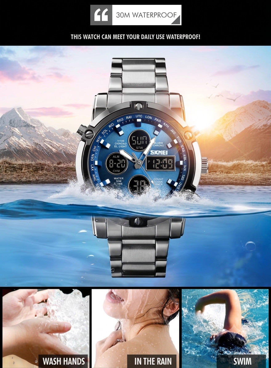 SKMEI Men Quartz Watch LED Digital Steel Wristwatch Casual Business Male Watches