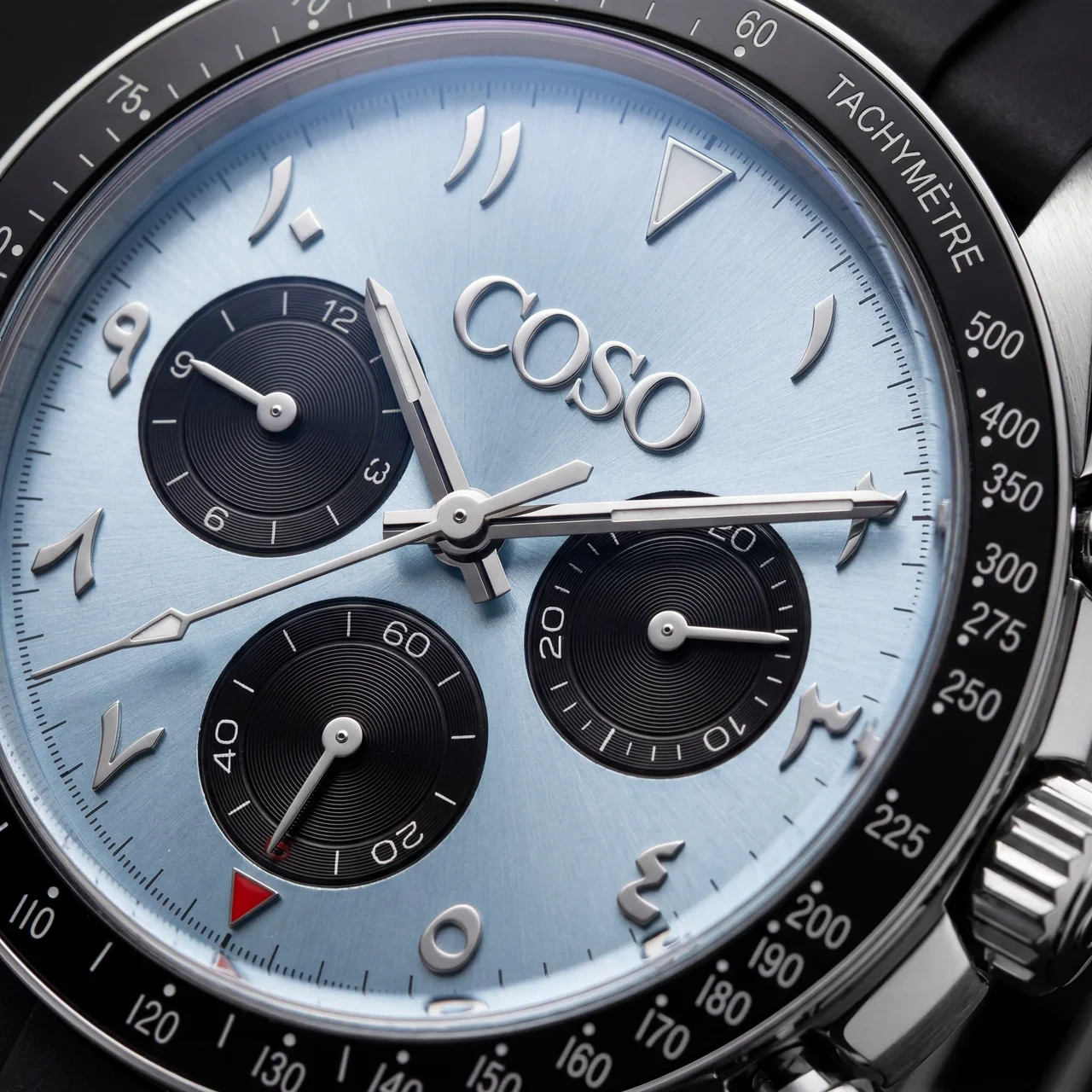 COSO Torvex Chronograph Watch Ice Blue Dial Eastern Arabic Black Rubber Strap