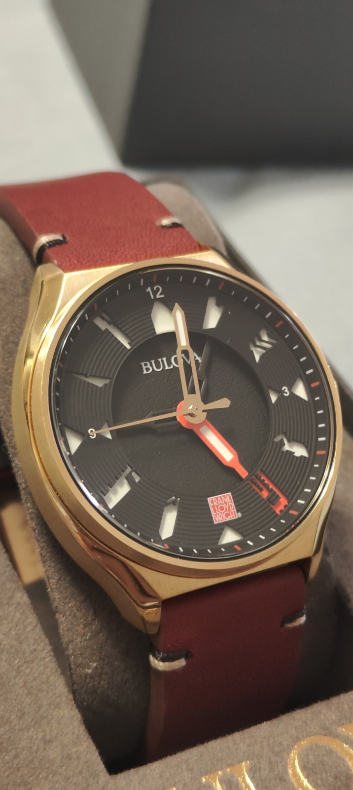 BULOVA 40mm MEN’S PERFORATED PANELS FRANK LLOYD WRIGHT BURGUNDY LEATHER 97A192
