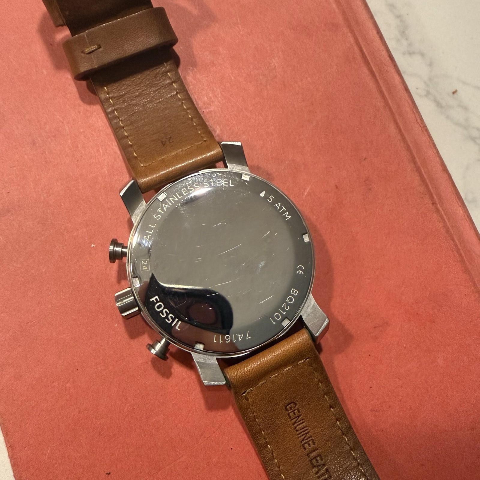 FOSSIL SILVER TONE,TAN,BROWN LEATHER BAND,CHRONOGRAPH,LARGE DIAL WATCH BQ2081