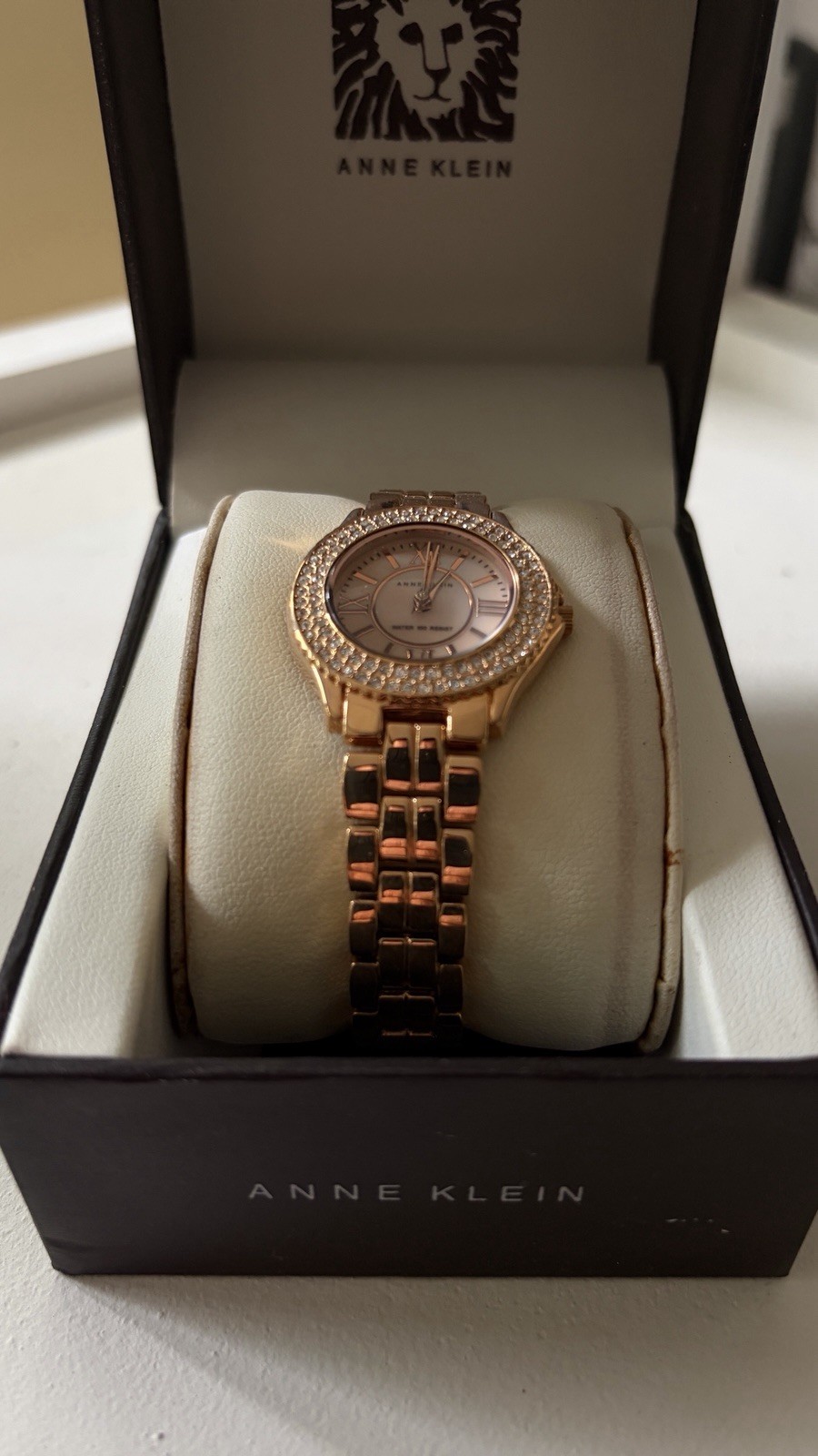 Anne Klein Women’s Rose Gold-Tone Bracelet Watch Pink Dial Gem-Set Bezel w/ Box