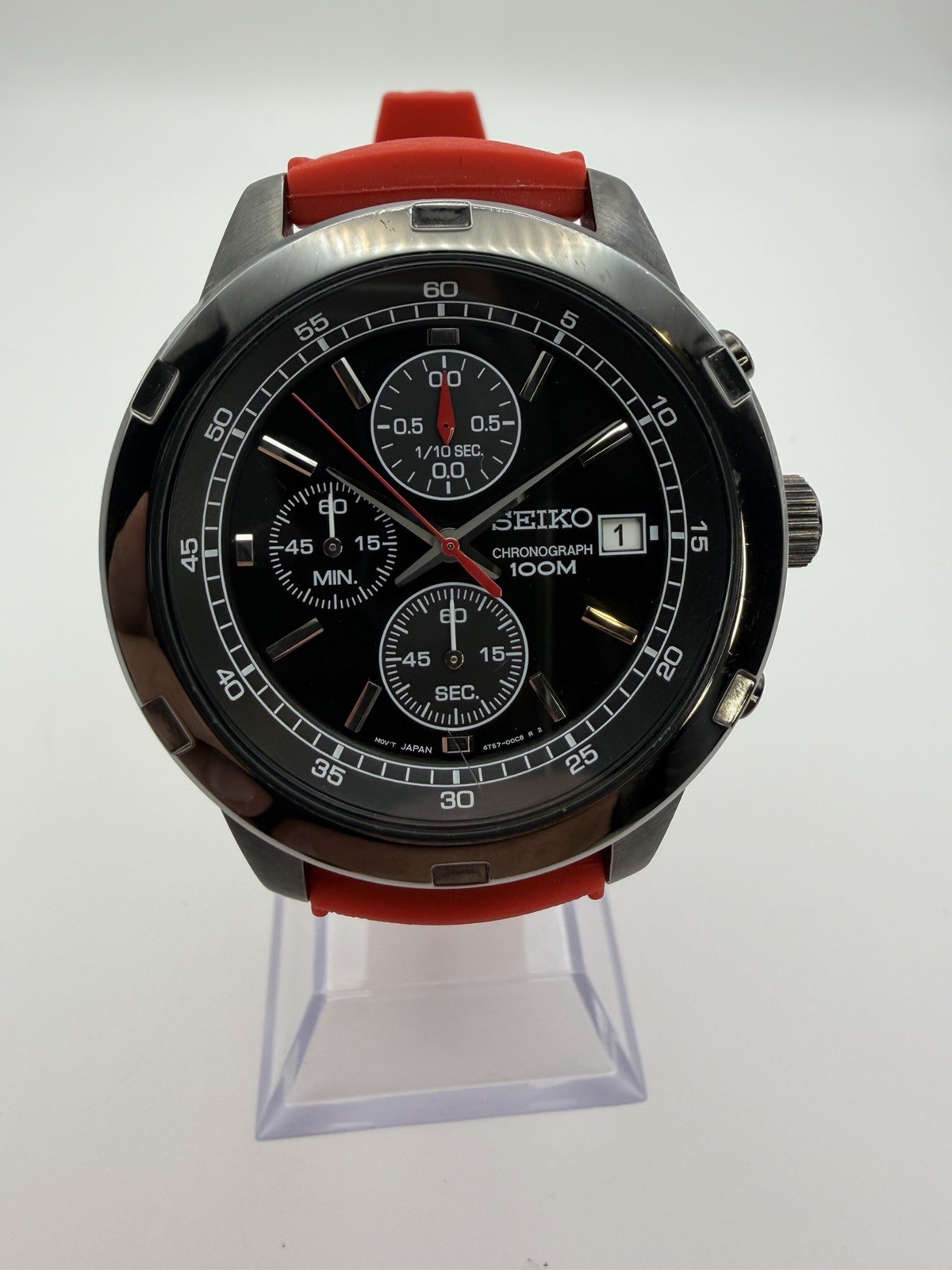 Seiko 4T57-00C0 Chronograph 100M Men’s 43.5mm Black Gunmetal Quartz Red Strap