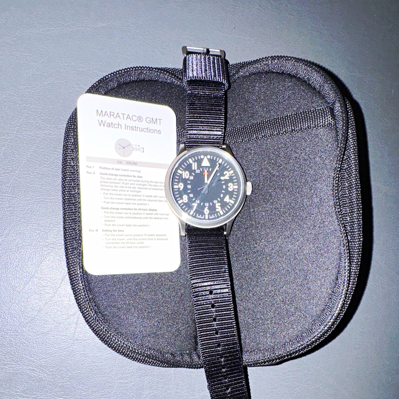 Maratac GMT 44mm Titanium Quartz GMT Watch Black Dial Black NATO Nylon Strap