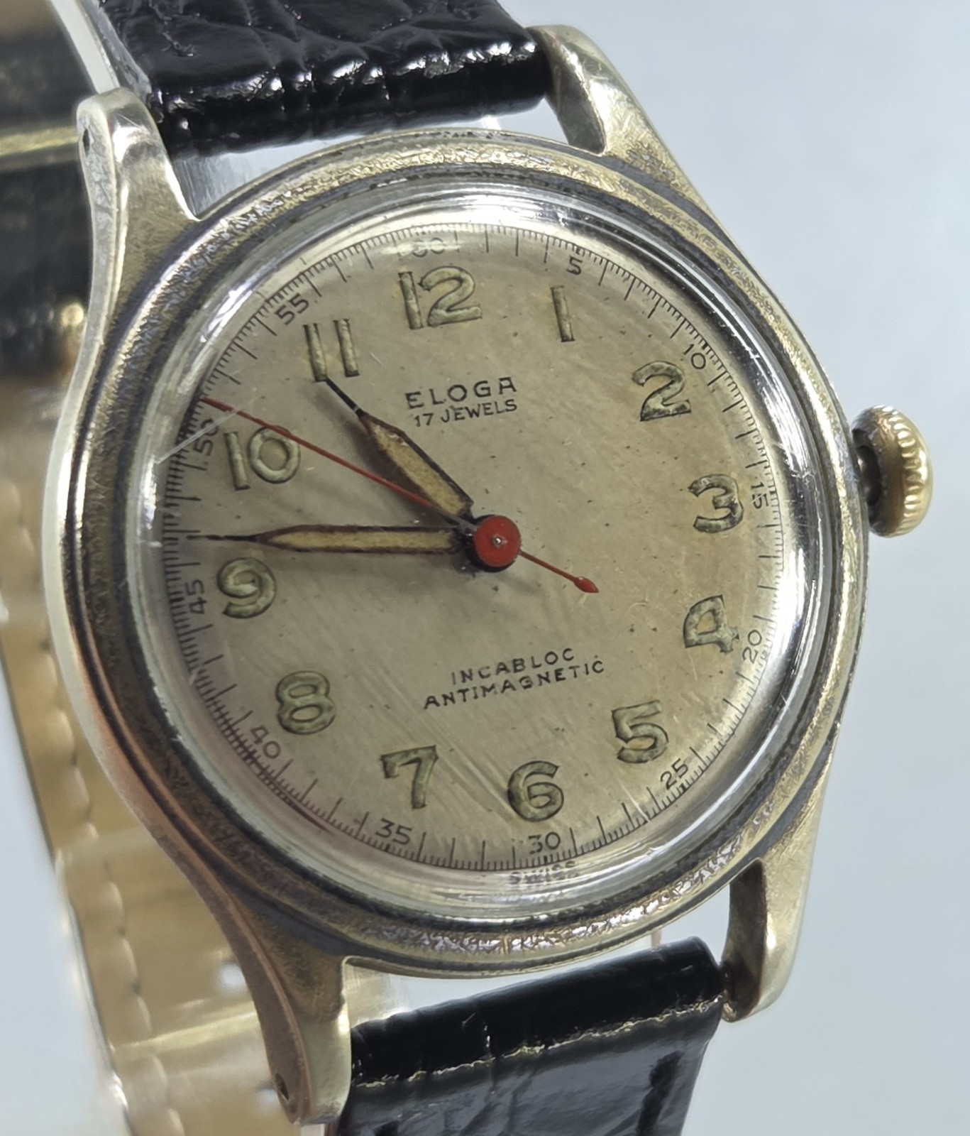 Vintage mid-century Champagne face Eloga 17 jewels Swiss Incabloc pilot’s watch