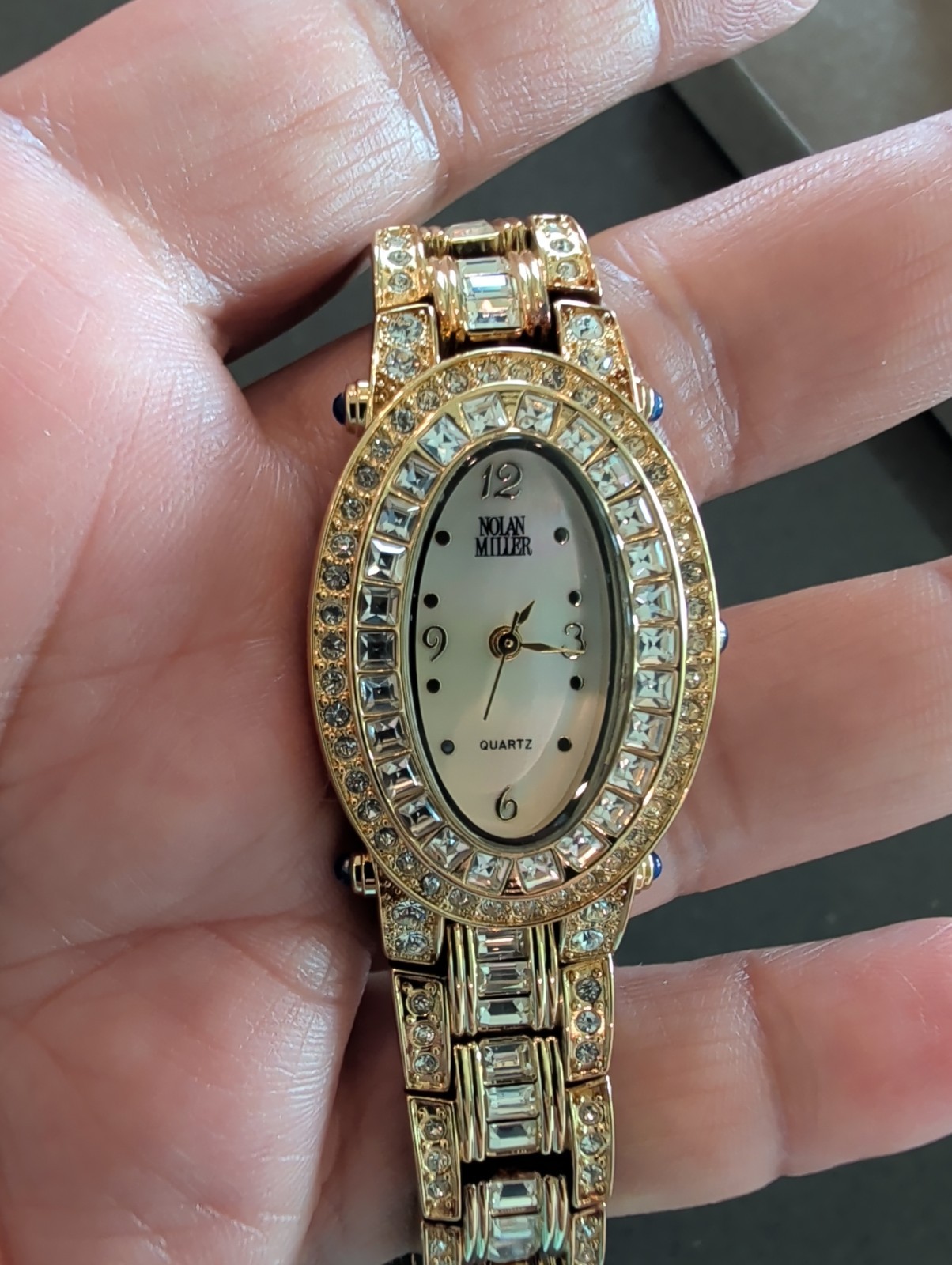 Nolan Miller Glamour Collection Gold Tone Clear Crystal Watch Needs Battery Q153