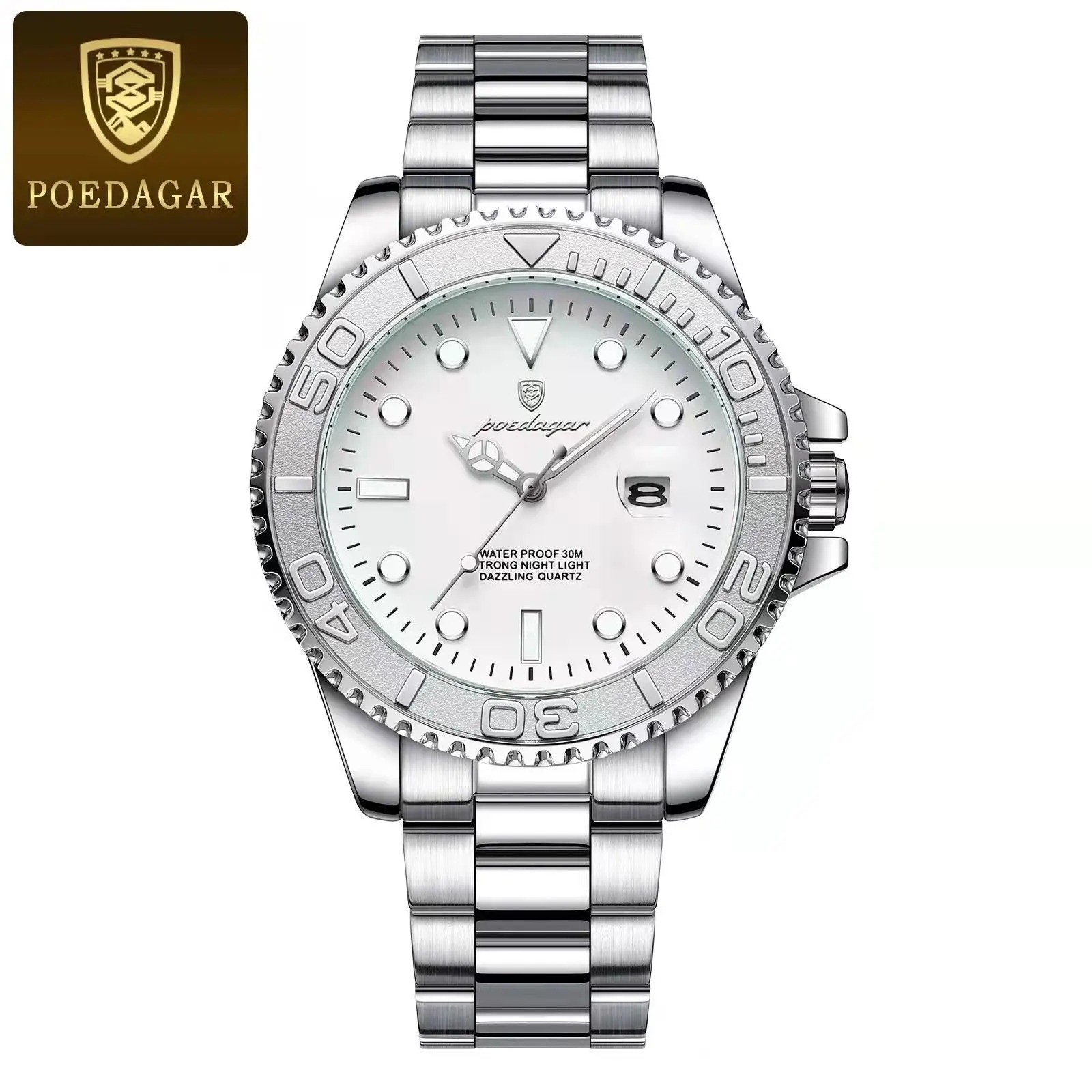 POEDAGAR Men Business Watch Waterproof Stainless Steel Date Luminous Waterproof