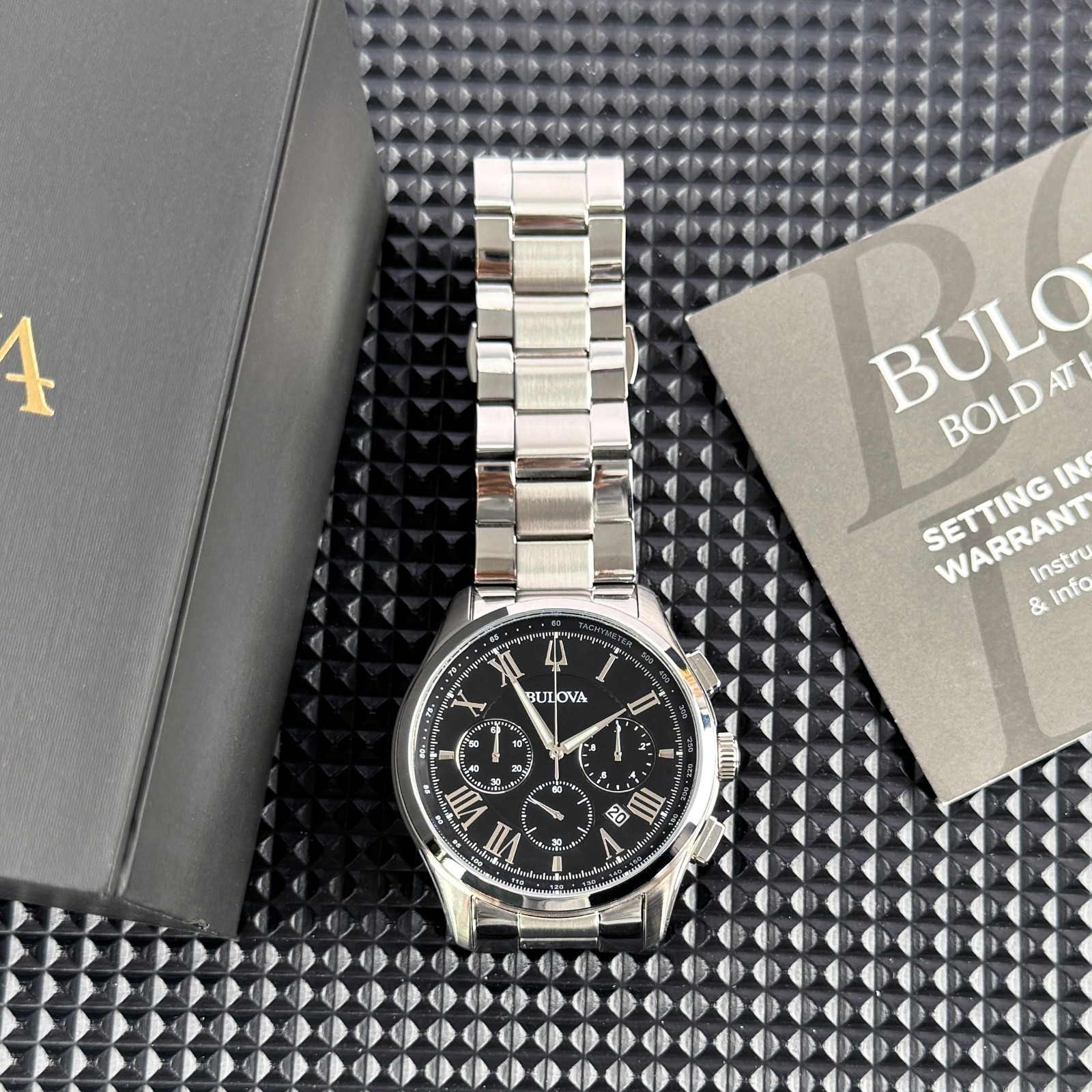 Bulova Wilton Classic Chronograph Black Dial 96B288 Silver Men’s Watch 46.5mm