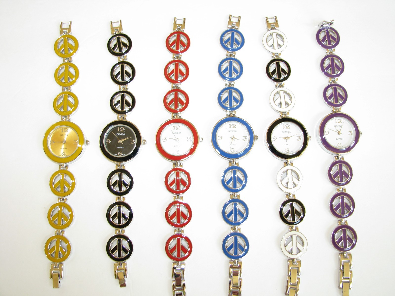 GENEVA 3D MULTI PEACE LOGO SIGN METAL BRACELET RED,BLUE,BLACK,WHITE WATCH-NEW