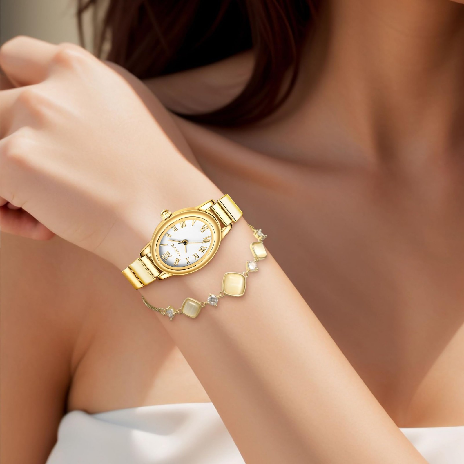 Elegant Gold Women’s Watch – Analog, Stainless Steel Expansion Band, Oval Case,