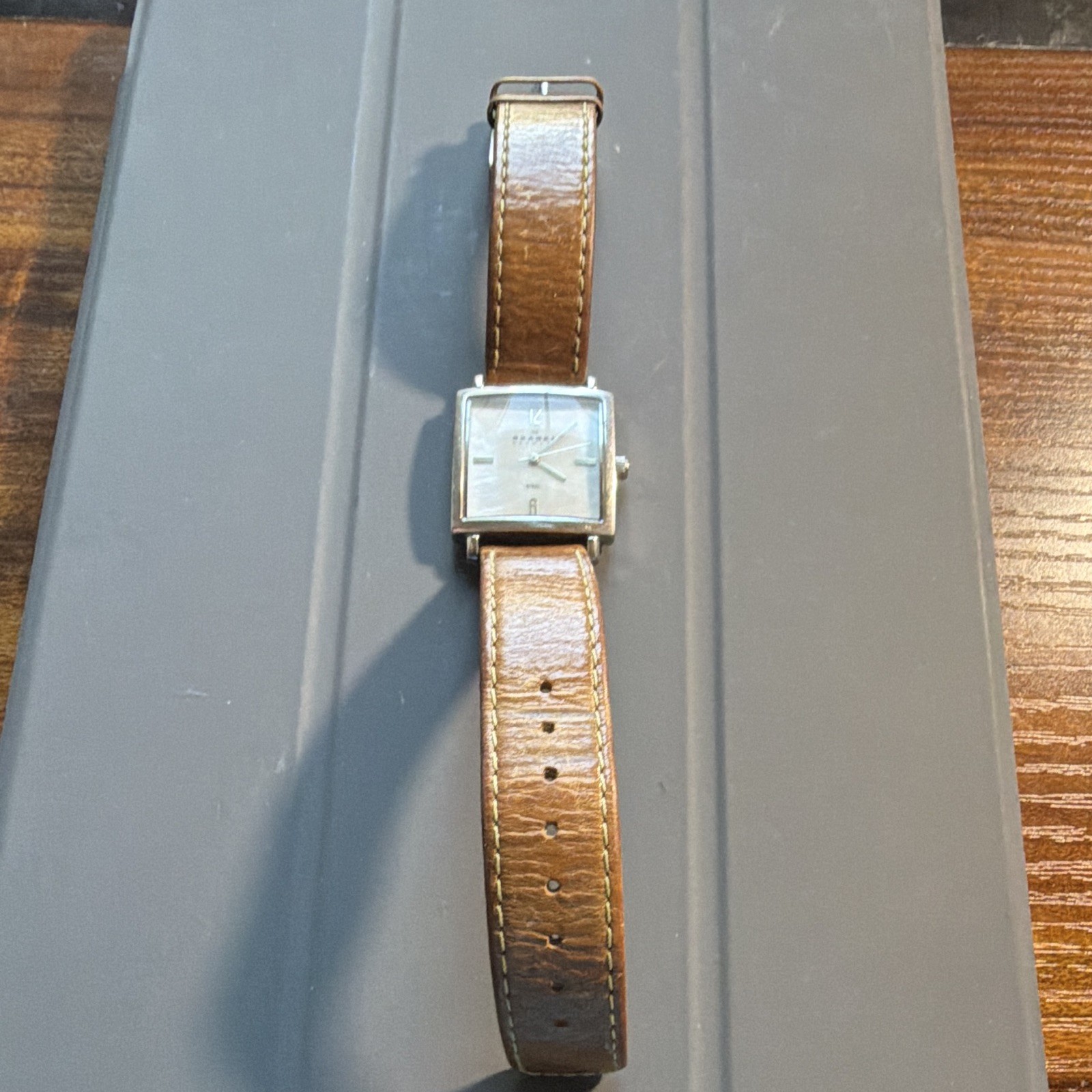 Skagen 478SSLG Square Silver Stainless Case Brown Leather Quartz Watch 30m
