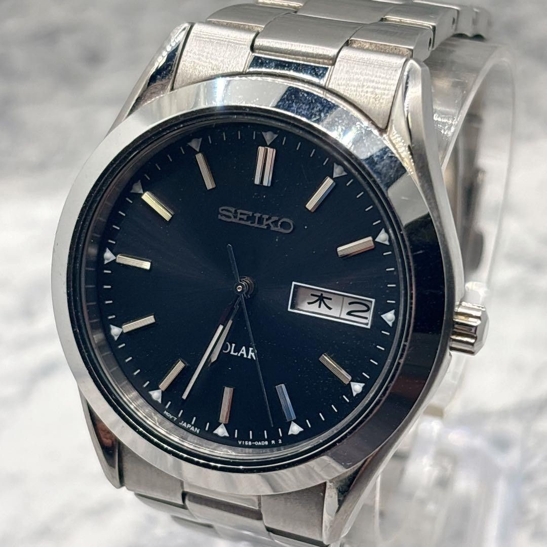 SEIKO V158 0AB0 men’s solar day date wristwatch working excellent condition