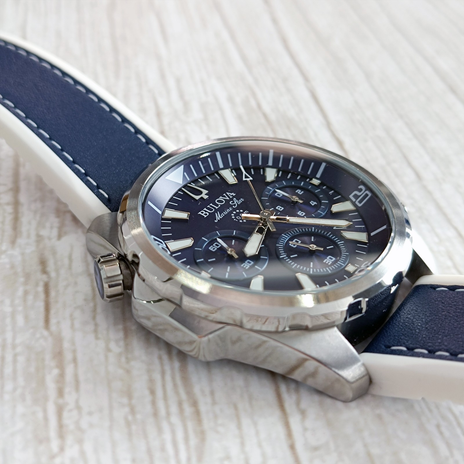 Bulova Marine Star Blue Dial Silicone Leather Men Chronograph 96B287 Watch 43mm