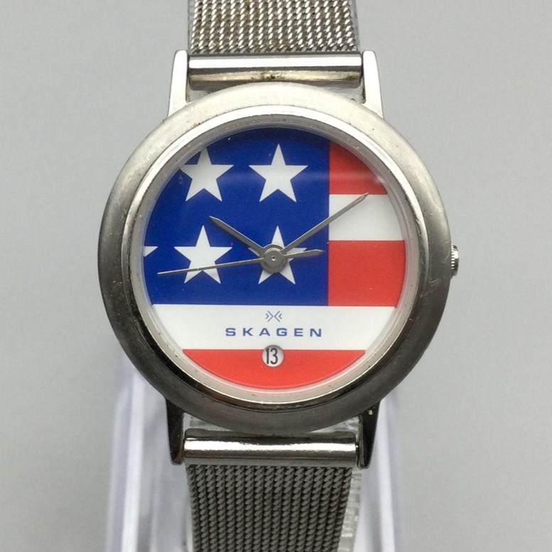Skagen Denmark Watch Womens 27mm American Flag Stainless 16SSSN New Battery
