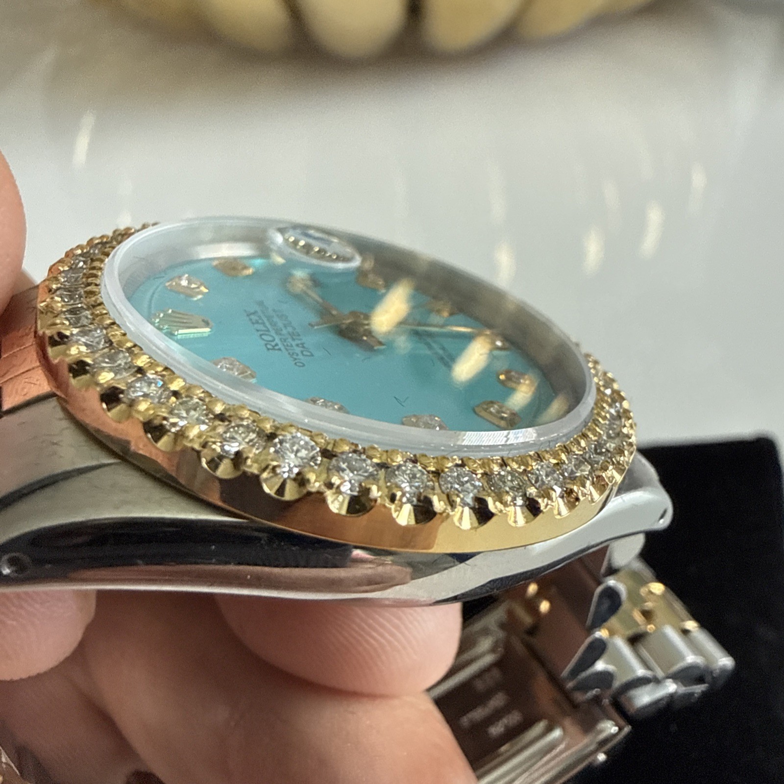 Rolex Datejust 2 Tone White Gold Diamond Bezel Custom Tiffany Blue Dial 36mm