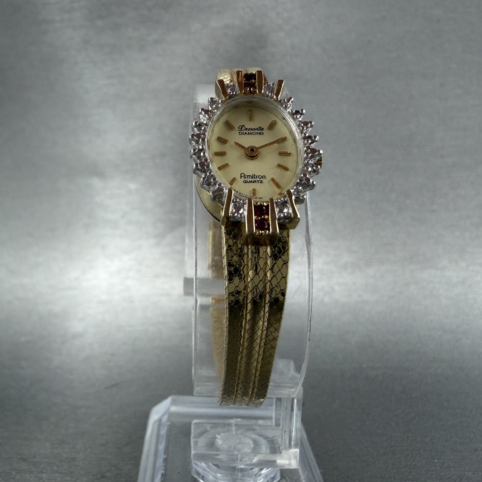 Armitron Deauville Diamond Watch Women 15mm Gold Dial Gold Ruby Oval New Battery