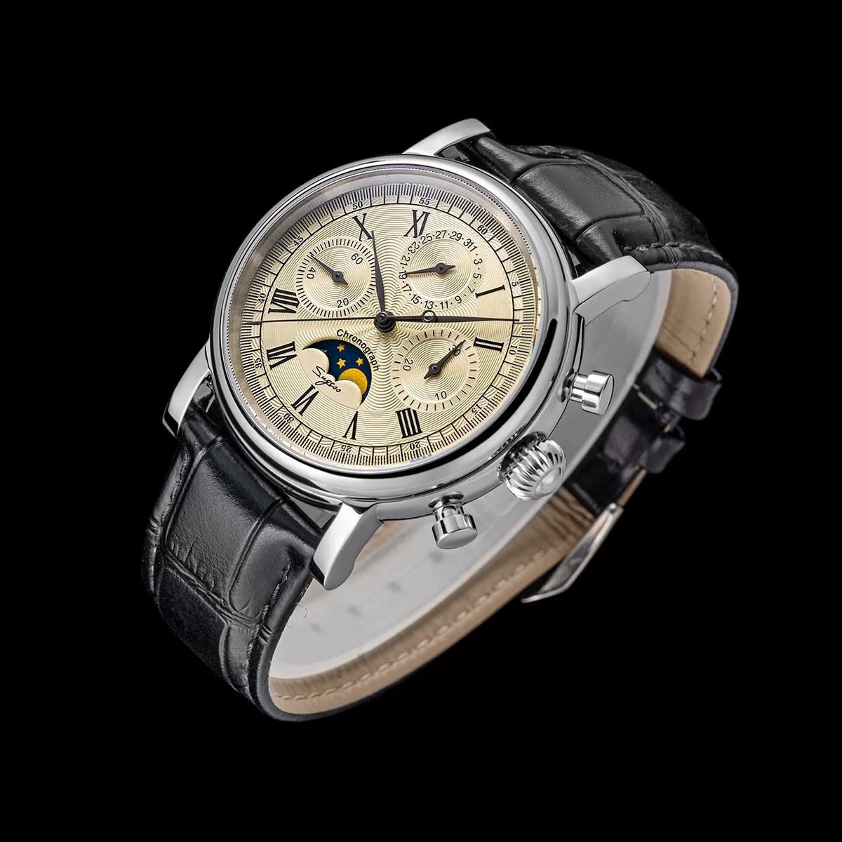 Seagull 1963 Sugess Gold SWAN NECK MoonPhase Master Chronograph Watch New