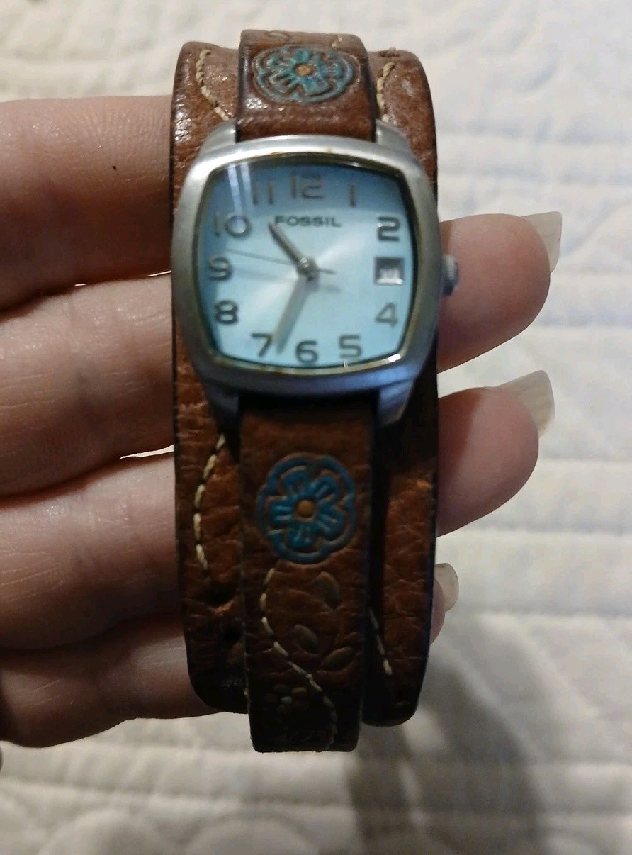 Fossil Blue Dial Square Case Brown Leather Wrap Watch Date