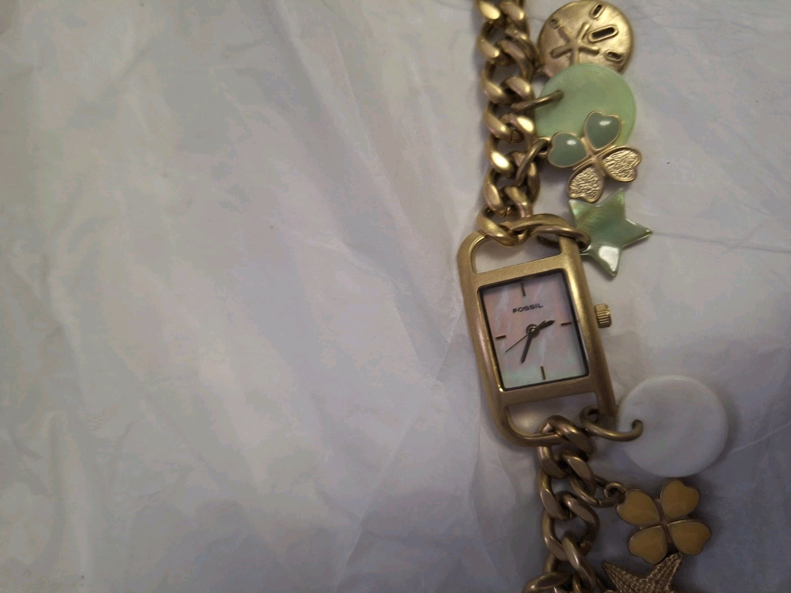Fossil F2 Ladies Charm Bracelet Watch In Gold Assorted Charms ES1114