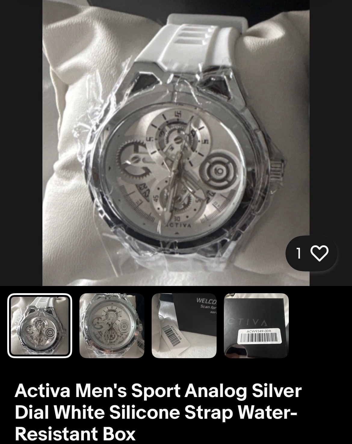 Activa Men’s Quartz Sport Watch 46mm Silver Dial White Silicone Strap Box