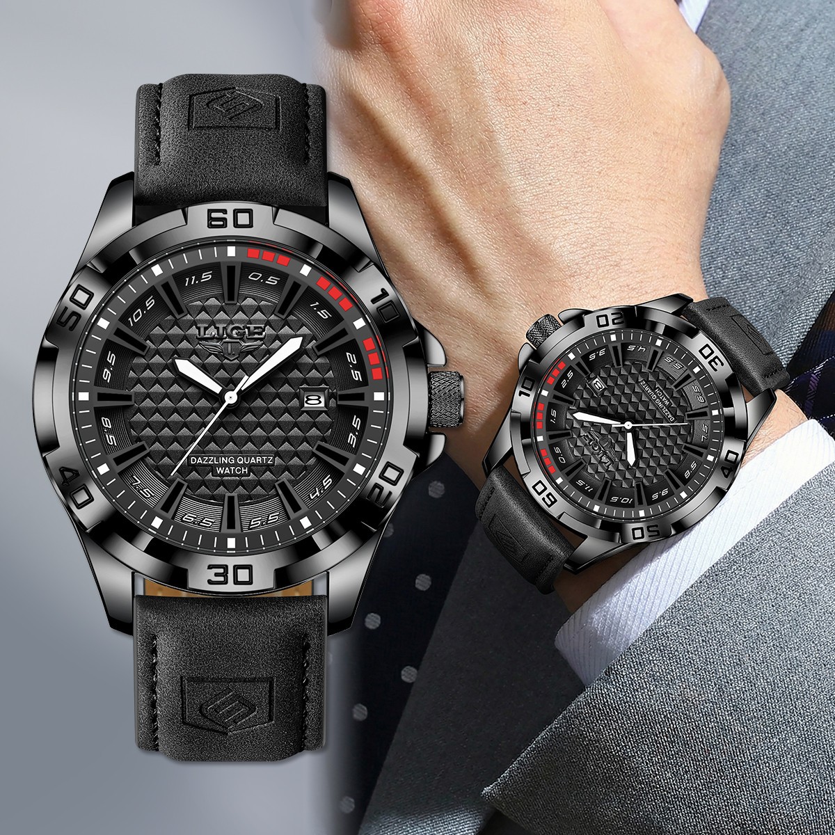 LIGE Men’s Watch Leather Watches Waterproof Luminous Quartz Date Man Wristwatch