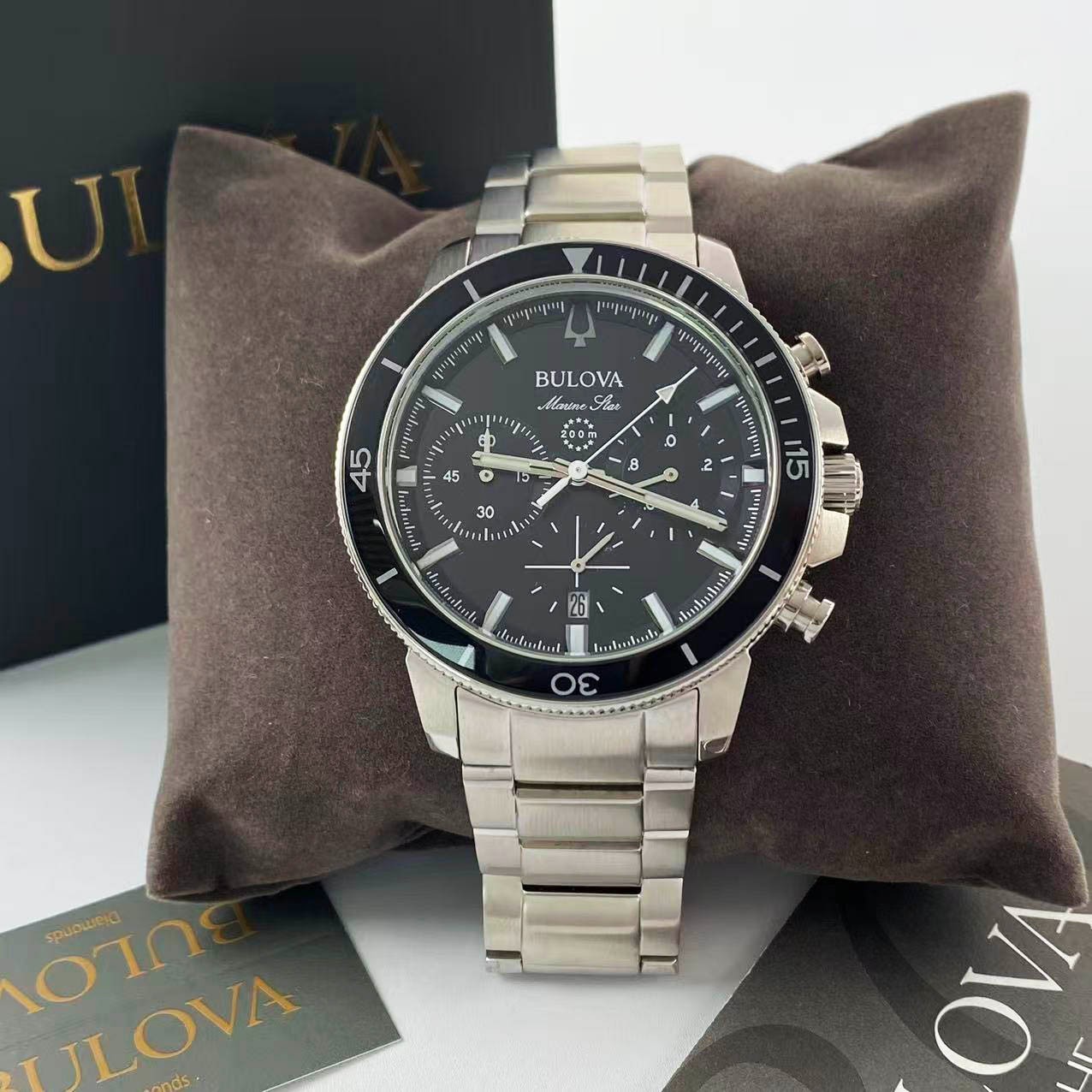 New Bulova Marine Star 96B272 Black Dial Stainless Steel Men’s Quartz Watch 45mm