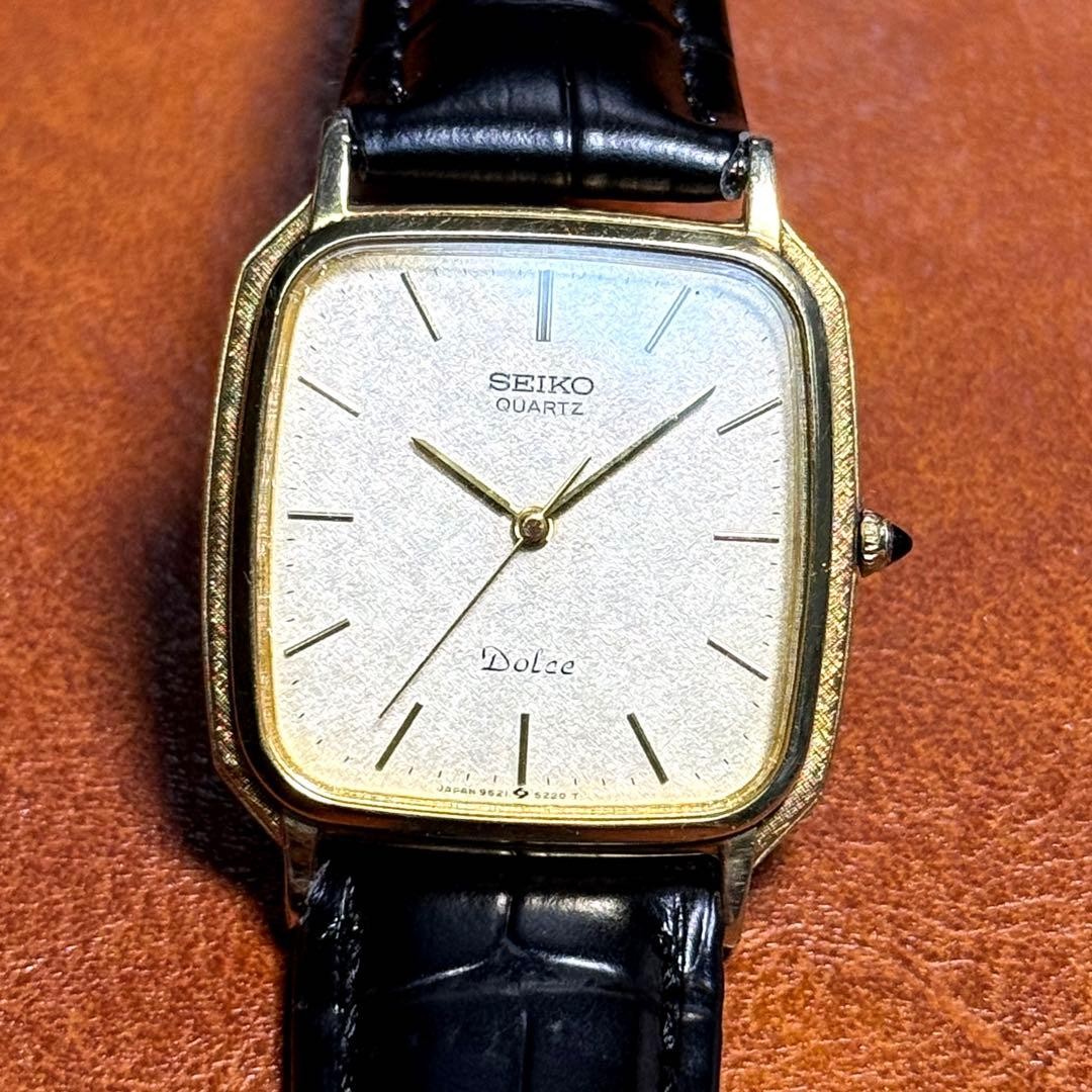SEIKO Dolce 9521-5220 Quartz Mens Watch Gold Rectangular 1984 New Battery Japan
