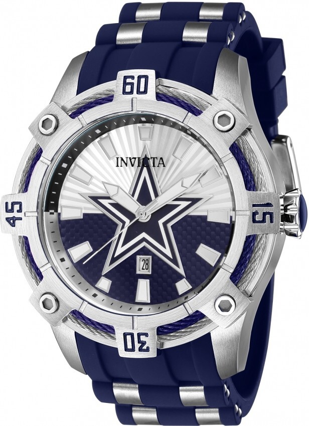 Invicta Men’s 52mm NFL Dallas Cowboys Silver Blue Dial Blue Steel Silicone Watch