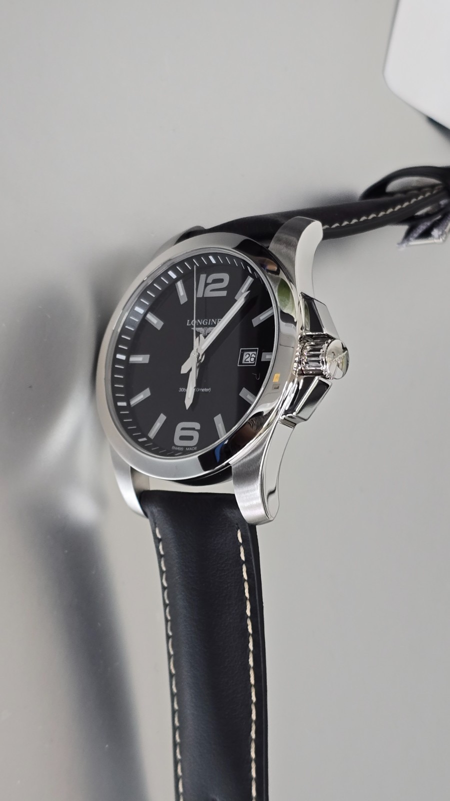 Longines Conquest 43mm Quartz SS Black Leather Band Men’s Watch L3.760.4.56.3