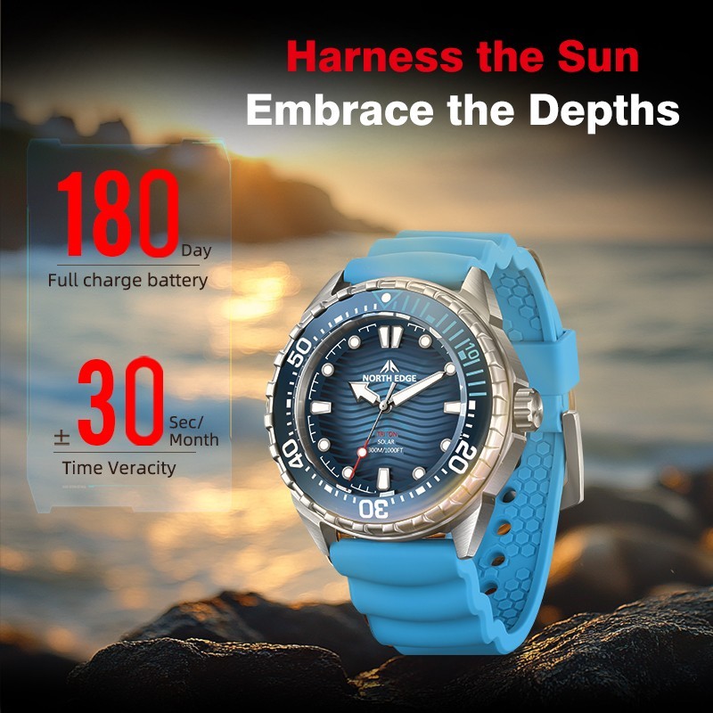 NORTH EDGE TRITON Solar Powered Dive Watch Quartz Watch Men 316L Stainless case
