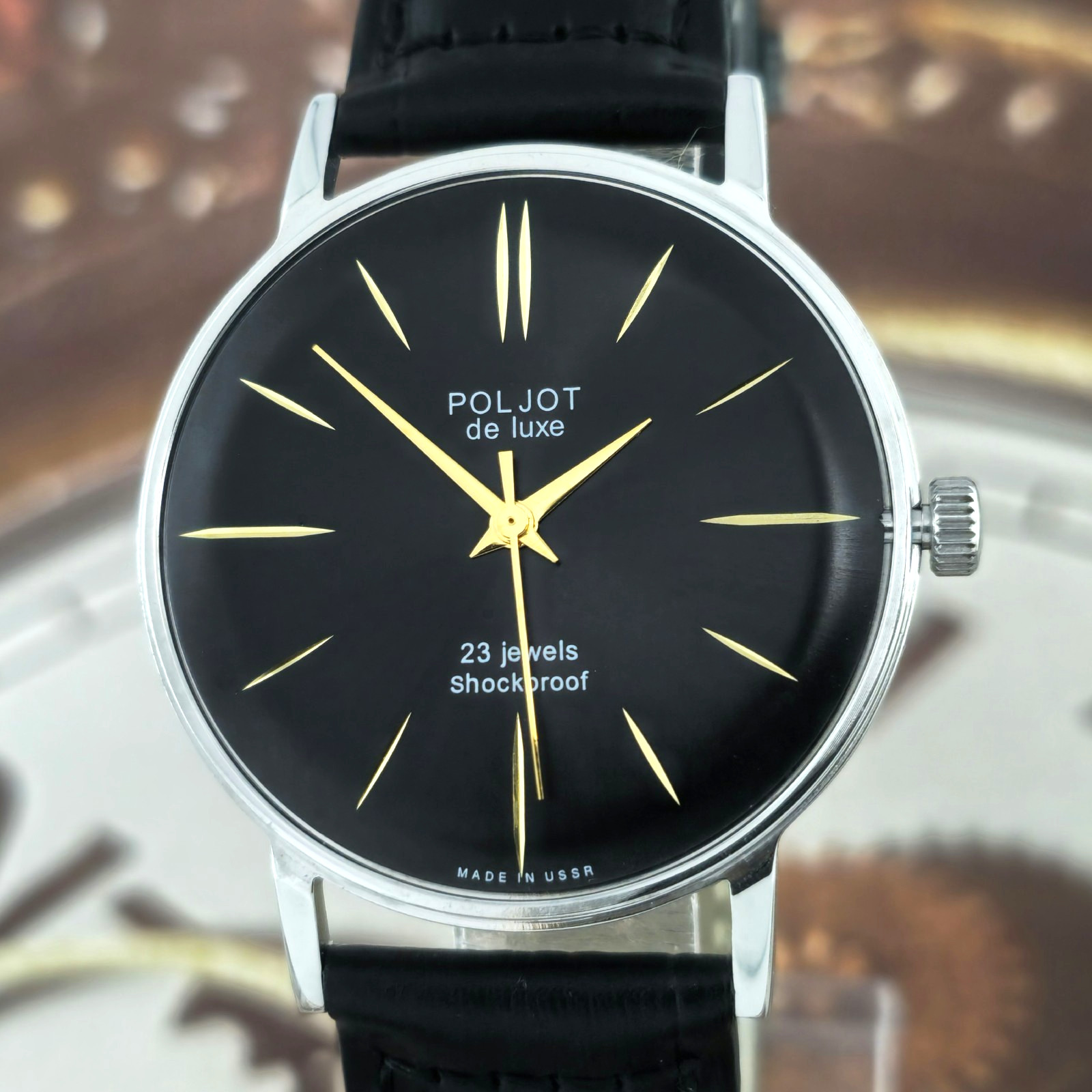 Poljot De Luxe ULTRA SLIM Soviet Wristwatch 2209 Black Dial Vintage Watch USSR