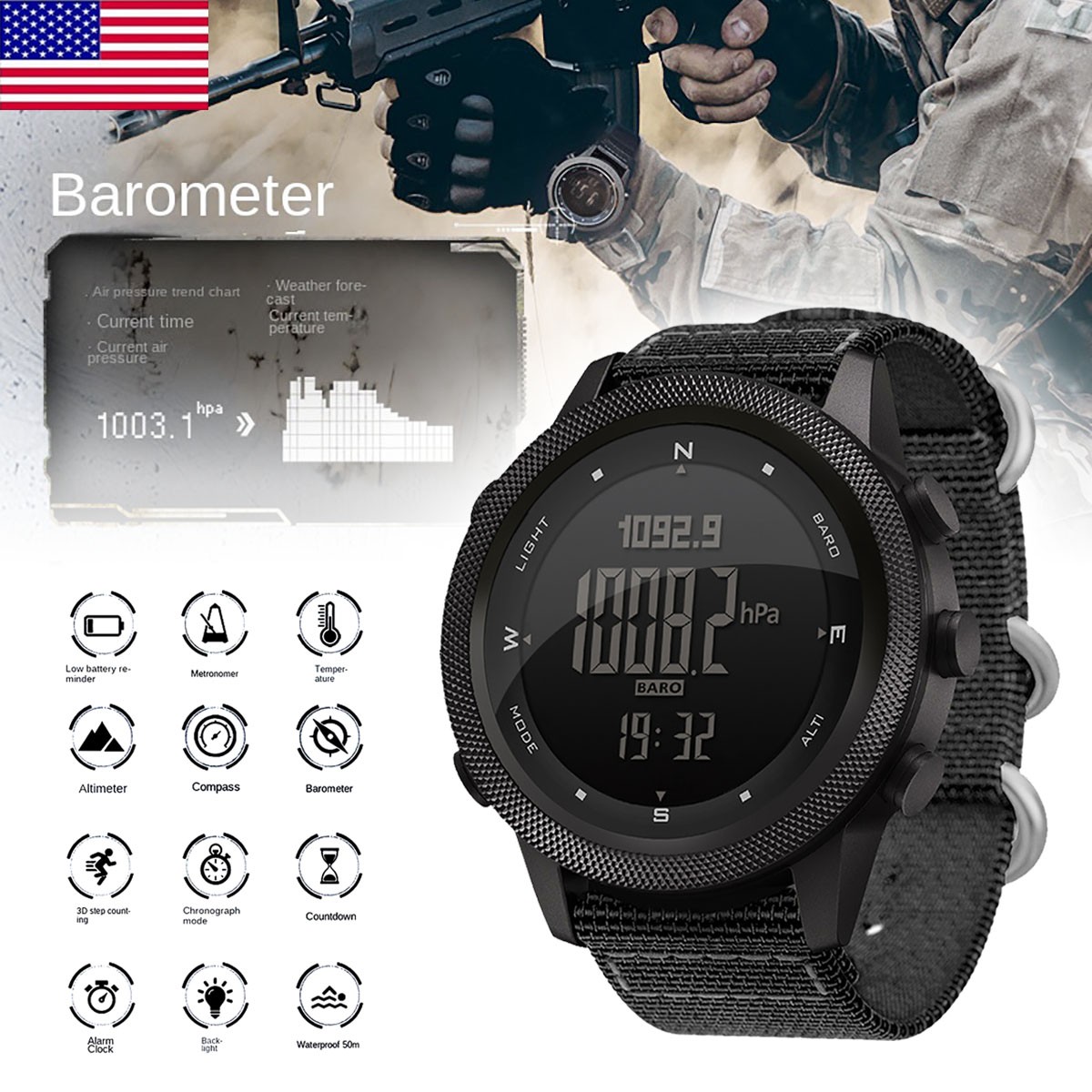 Men Military Smart Watch Outdoor Sport Digital Barometer Waterproof Wristwatch