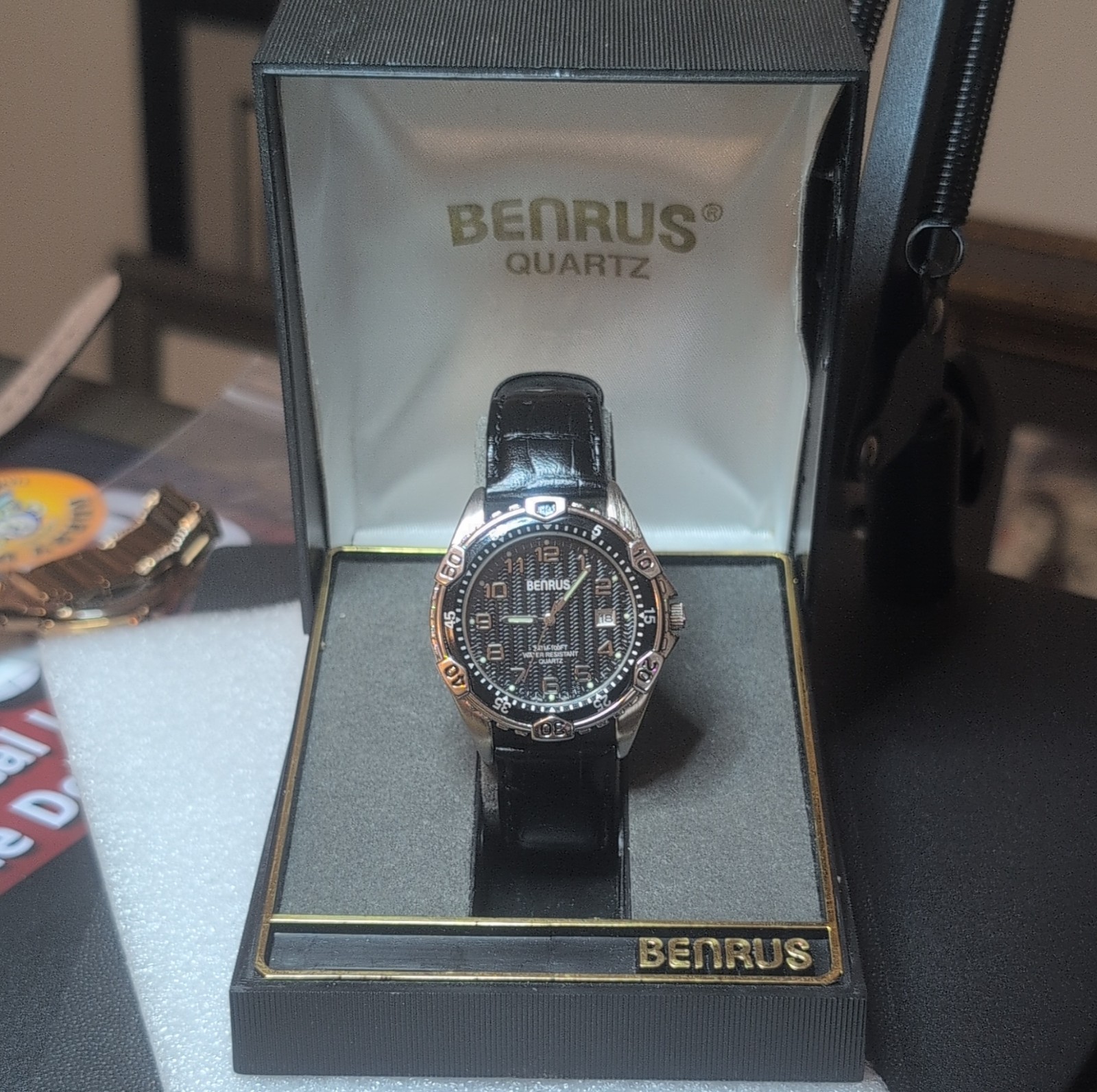 Benrus Men’s Quartz Wristwatch Black Dial Water Resistant Leather Band