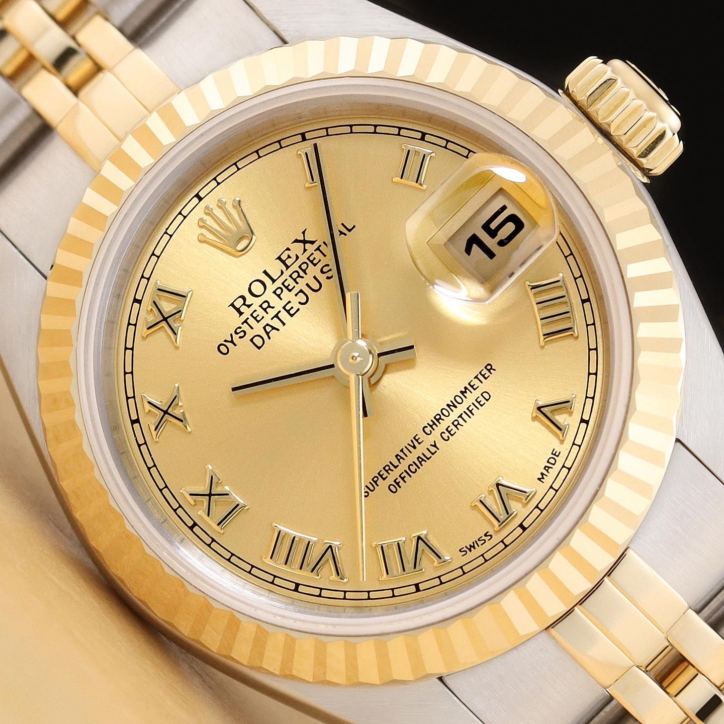 ROLEX LADIES DATEJUST 79173 18K GOLD STEEL 2-TONE CHAMPAGNE ROMAN DIAL WATCH