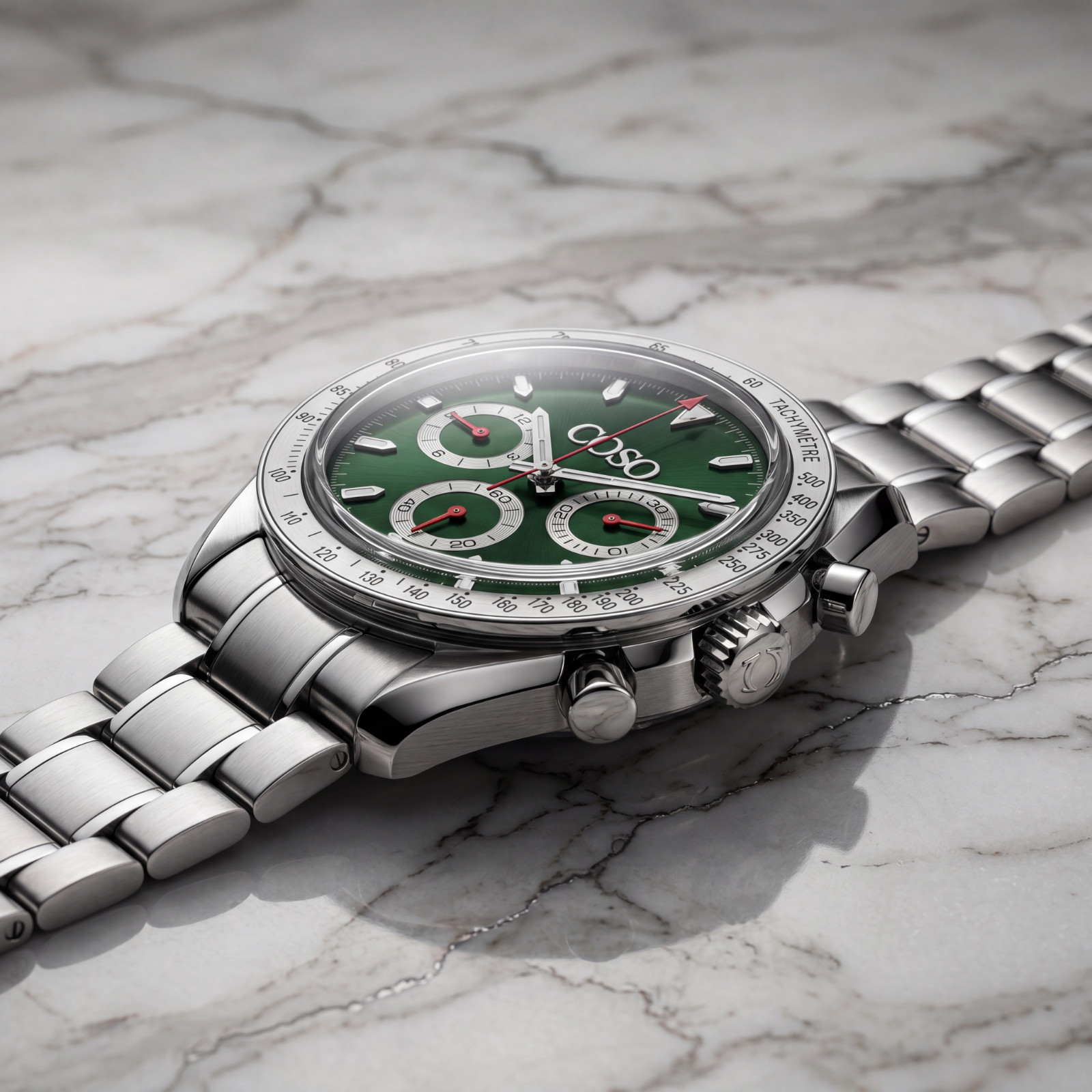 COSO Torvex Chronograph Mens Watch Steel Green Dial Red Accents Tachymetre