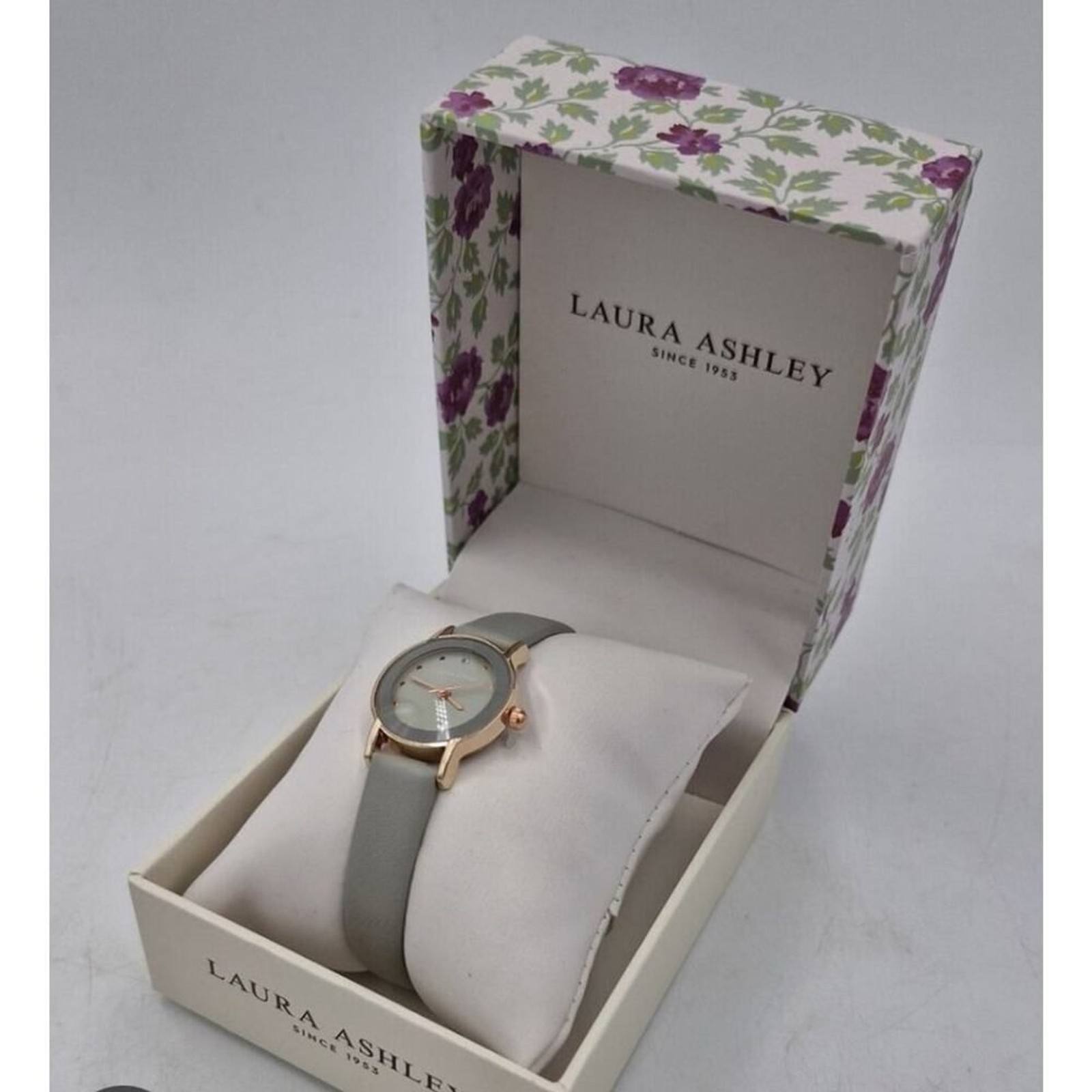 Laura Ashley Women’s Gray Faux Leather Strap Watch 24mm