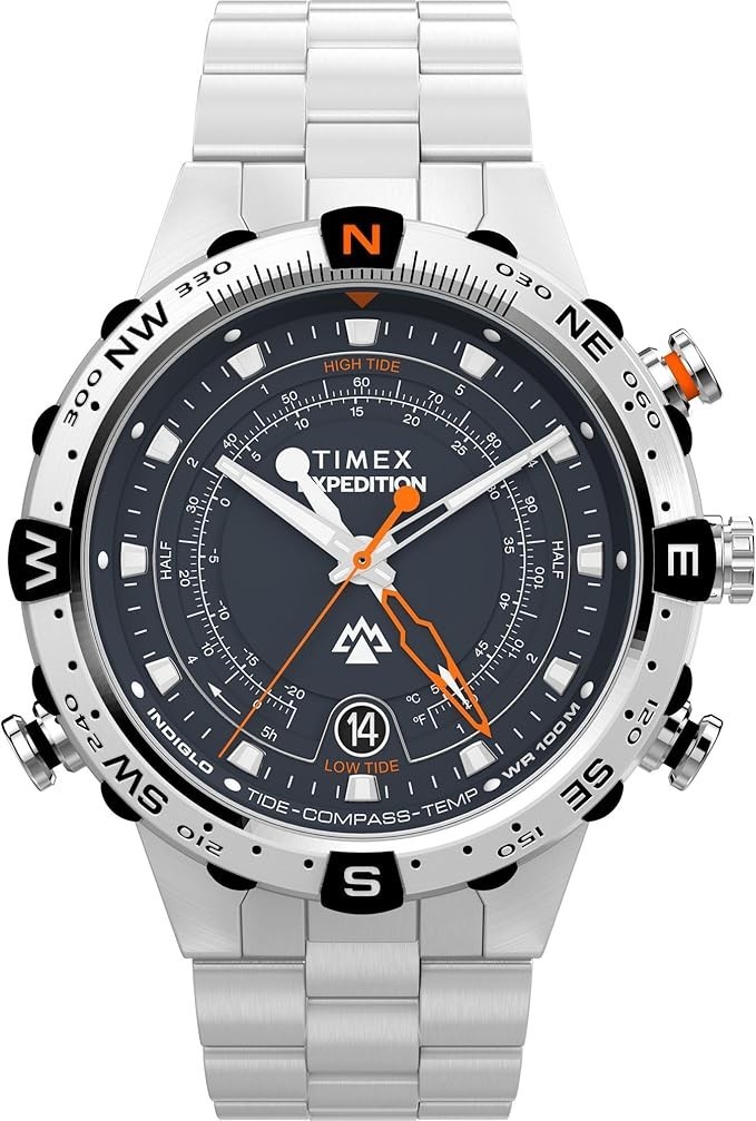 Timex Men’s Intelligent Quartz® Tide Temp Compass 45 mm Steel Watch WR100M.