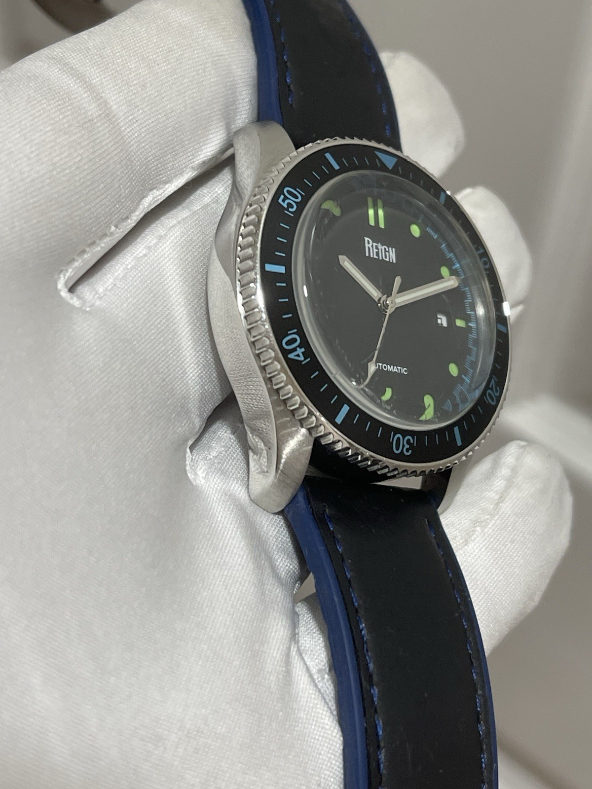 Reign Elijah Automatic Rubber Inlaid Leather-Band Watch W/Date – Black/Blue