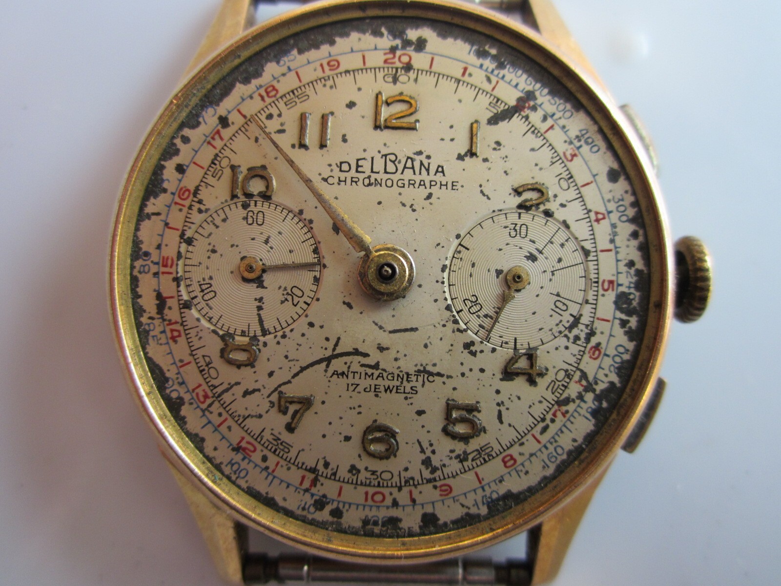 DelBana Chrono Mens Watch c1930s 18K Gold OffWhite Dial CLEAN AS IS G2U