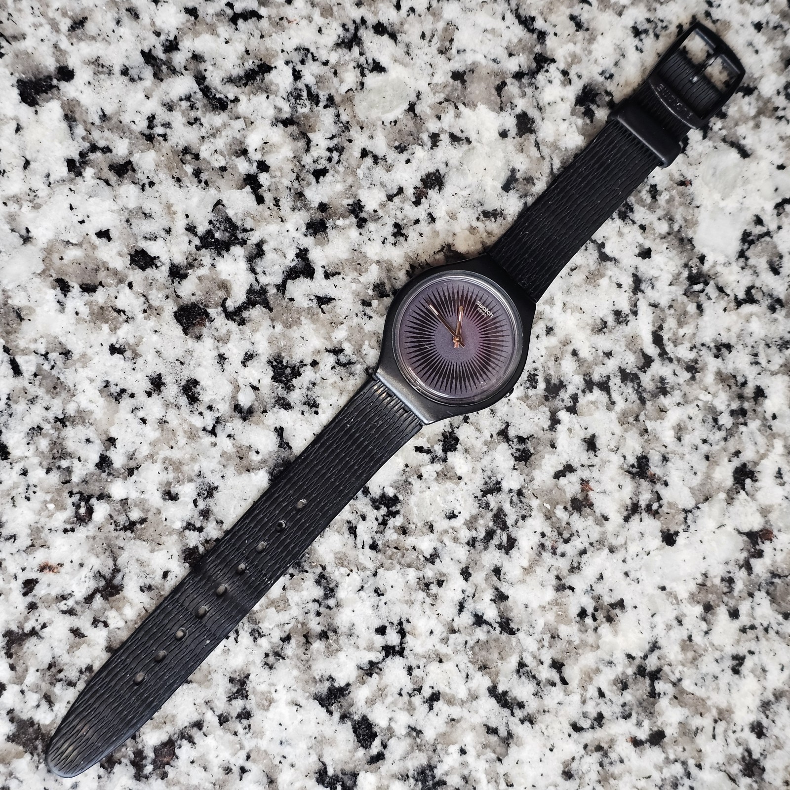 Thin Slim Swatch Quartz Black Silicone Rubber Band Watch 37mm