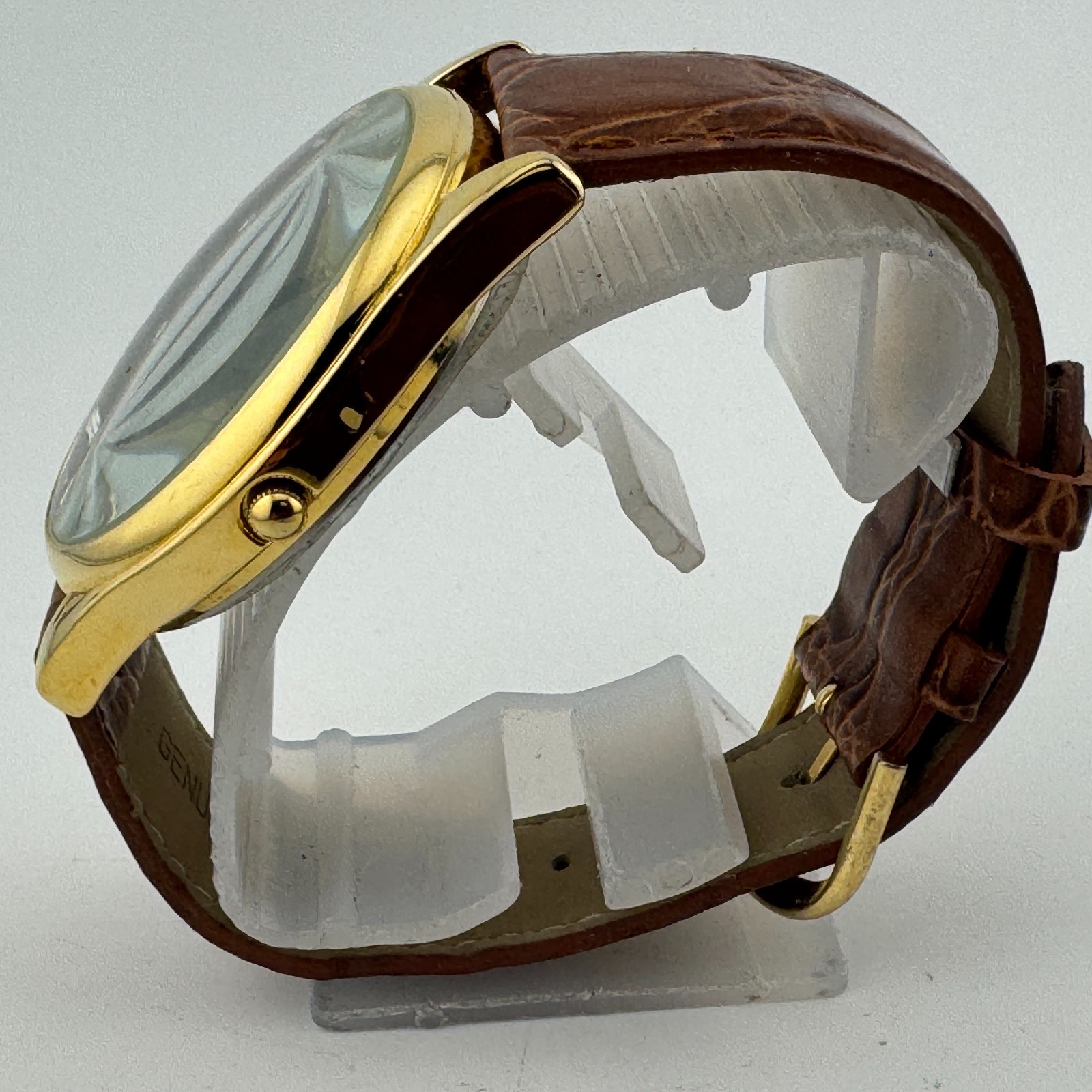 Unknown Logo Quartz Watch Men Gold Tone Brown Leather Japan Analog New Battery