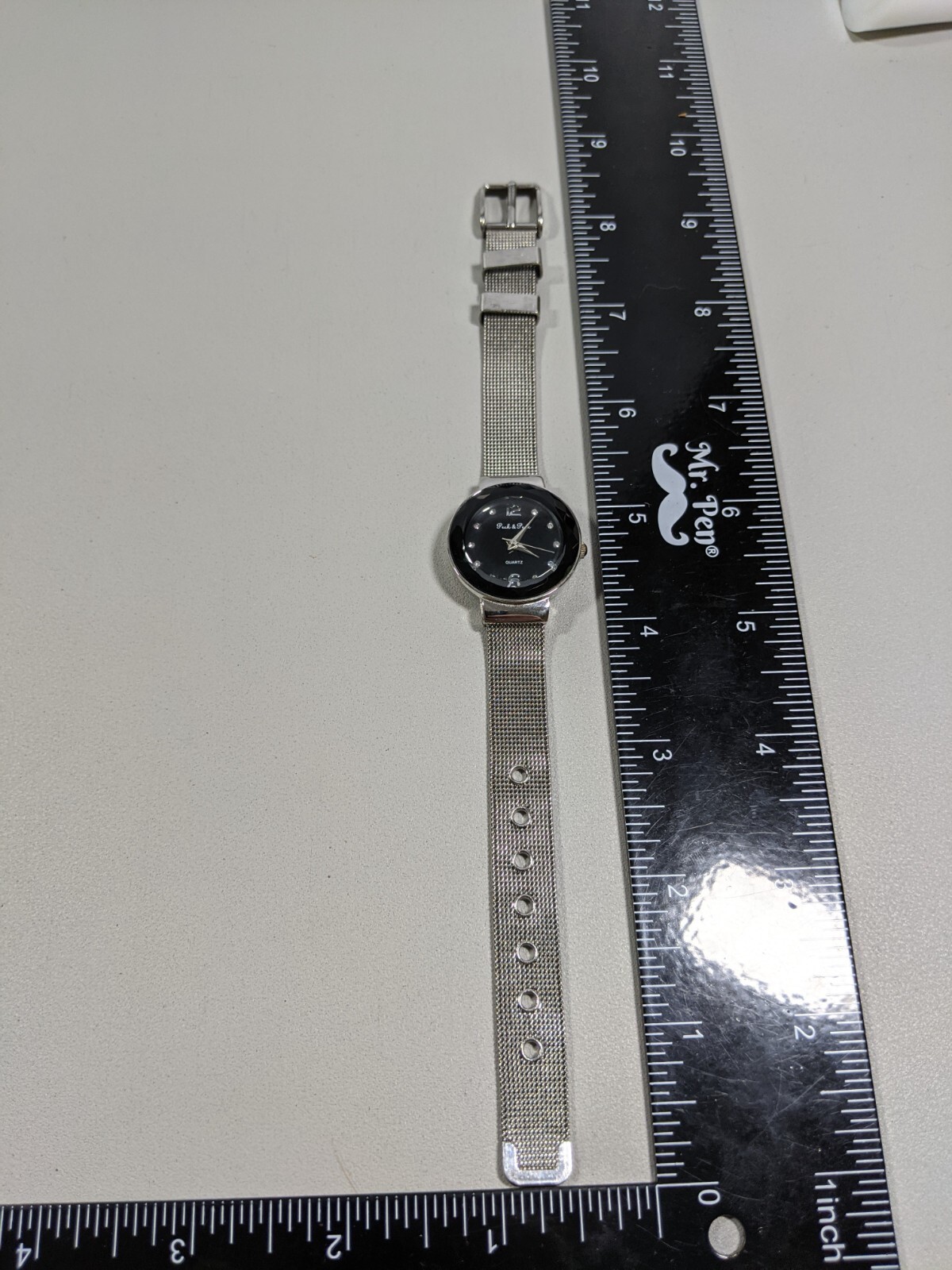 Peck & Peck Black Dial Raised Crystal Silver Tone Mesh Style Band Watch 8.5 In.
