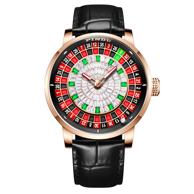 PINDU Men’s Mechanical Watch Rose Gold Case Black Leather Strap 3ATM waterproof