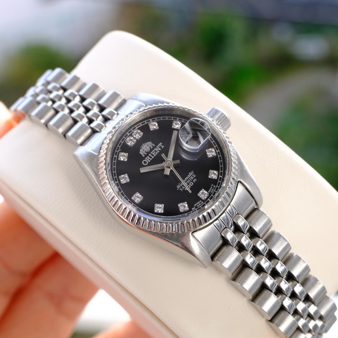 Orient President Ladies Automatic Watch Black Dial Sapphire Crystal Silver Band