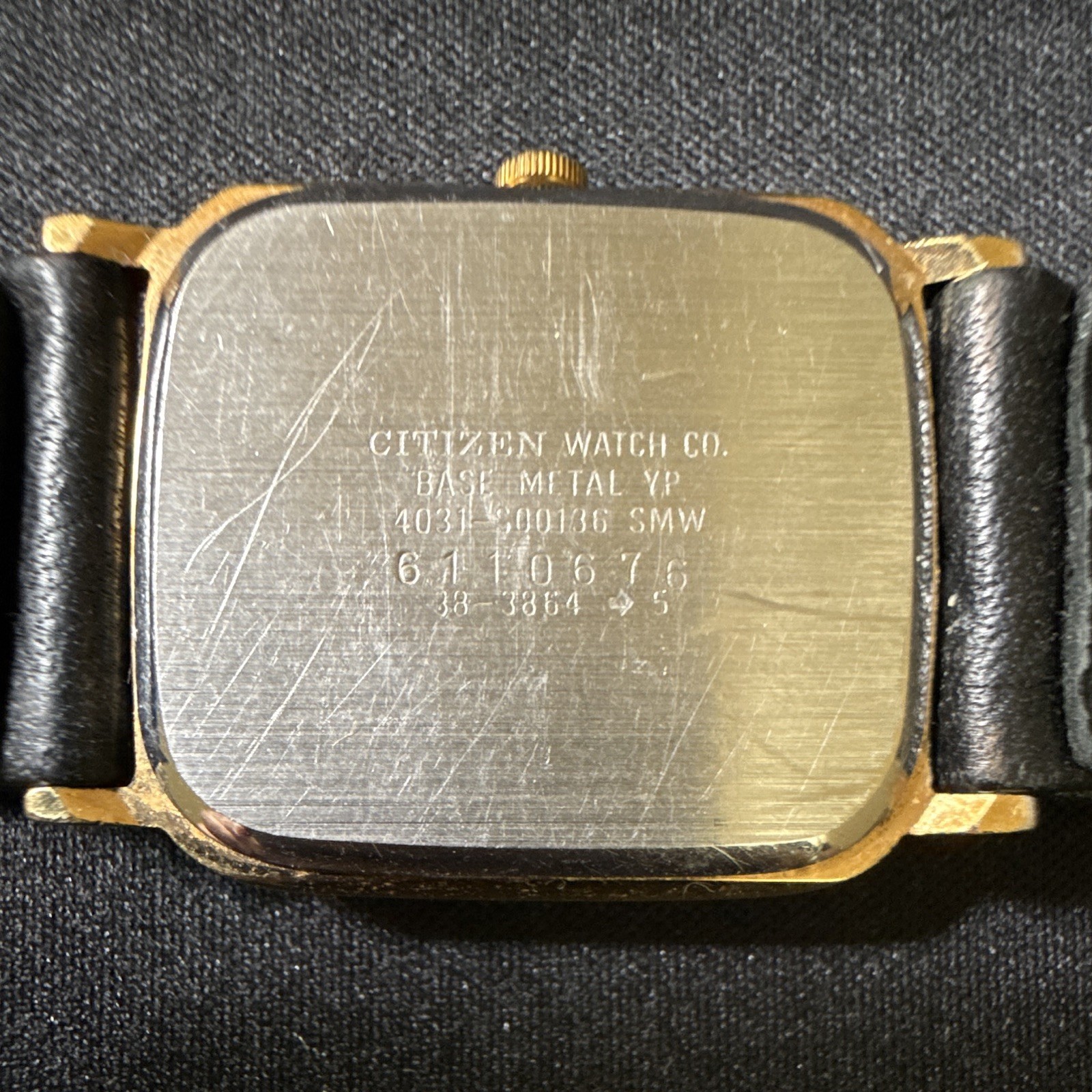 Citizen Quartz Mens Gold Tone Square Analog Watch Black Leather Strap