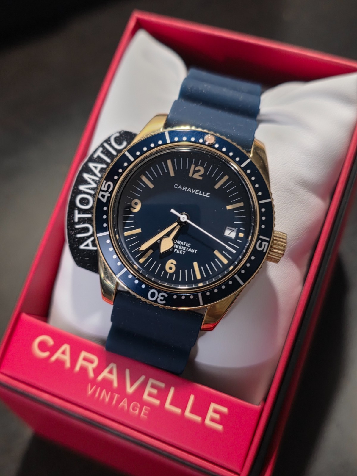 Vintage Caravelle Sea Hunter Dive Watch 44B129 Gold Blue Rubber Strap 2026 NEW