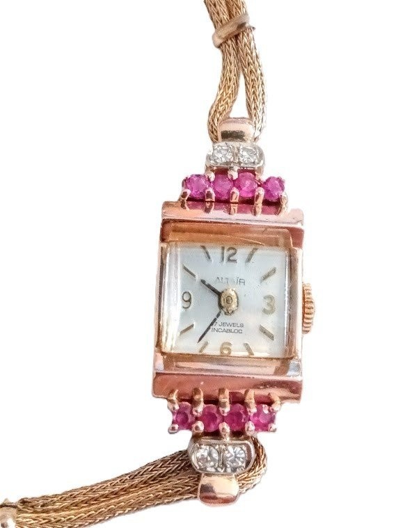Antique Altair Hamilton 14 KT Rose Gold Ruby Diamond Ladies Wristwatch C 1930’s