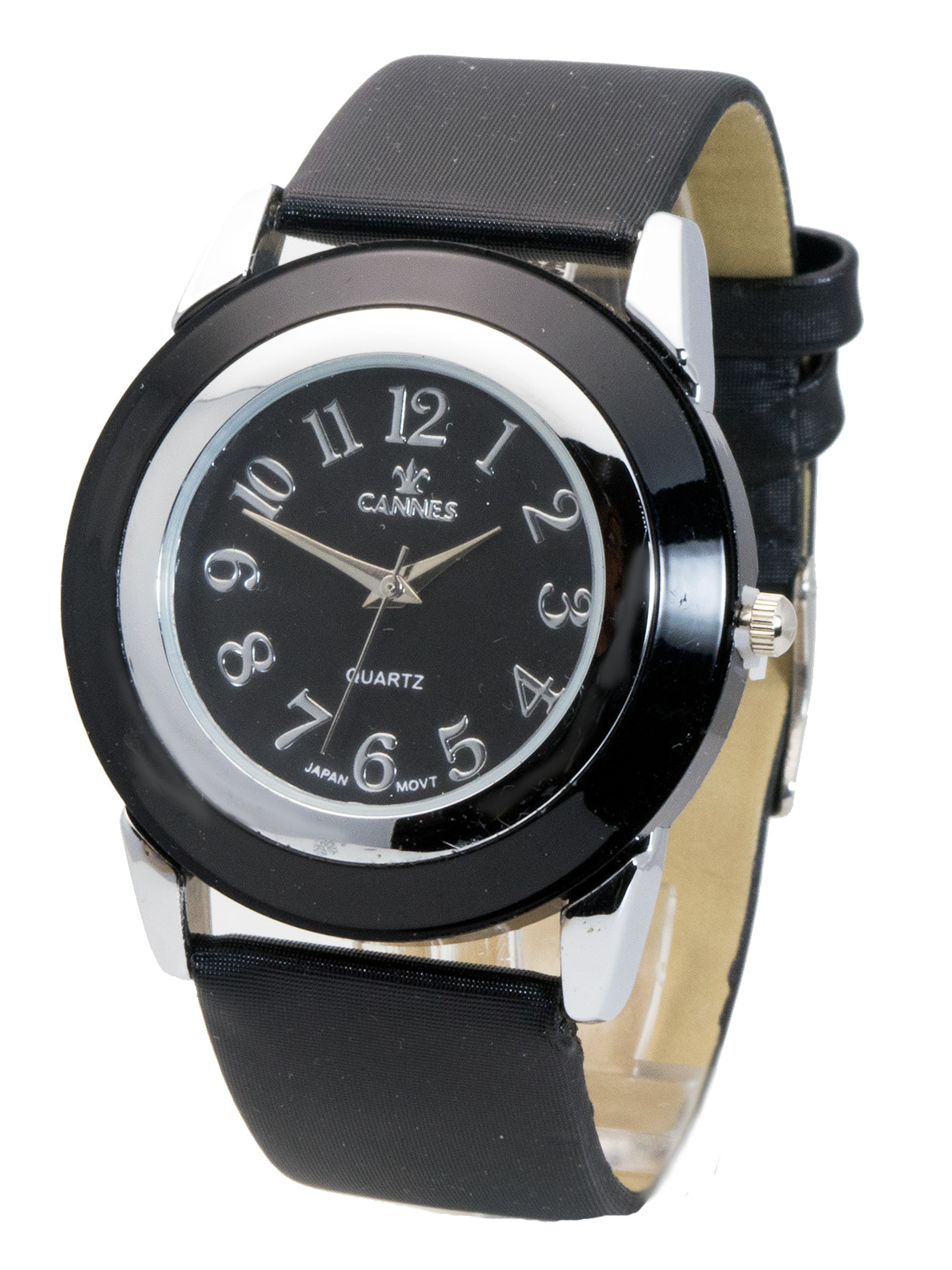 CANNES: WOMENS BLACK CANVAS & LEATHER BAND BLACK/SILVER CASE ANALOG QUARTZ WATCH