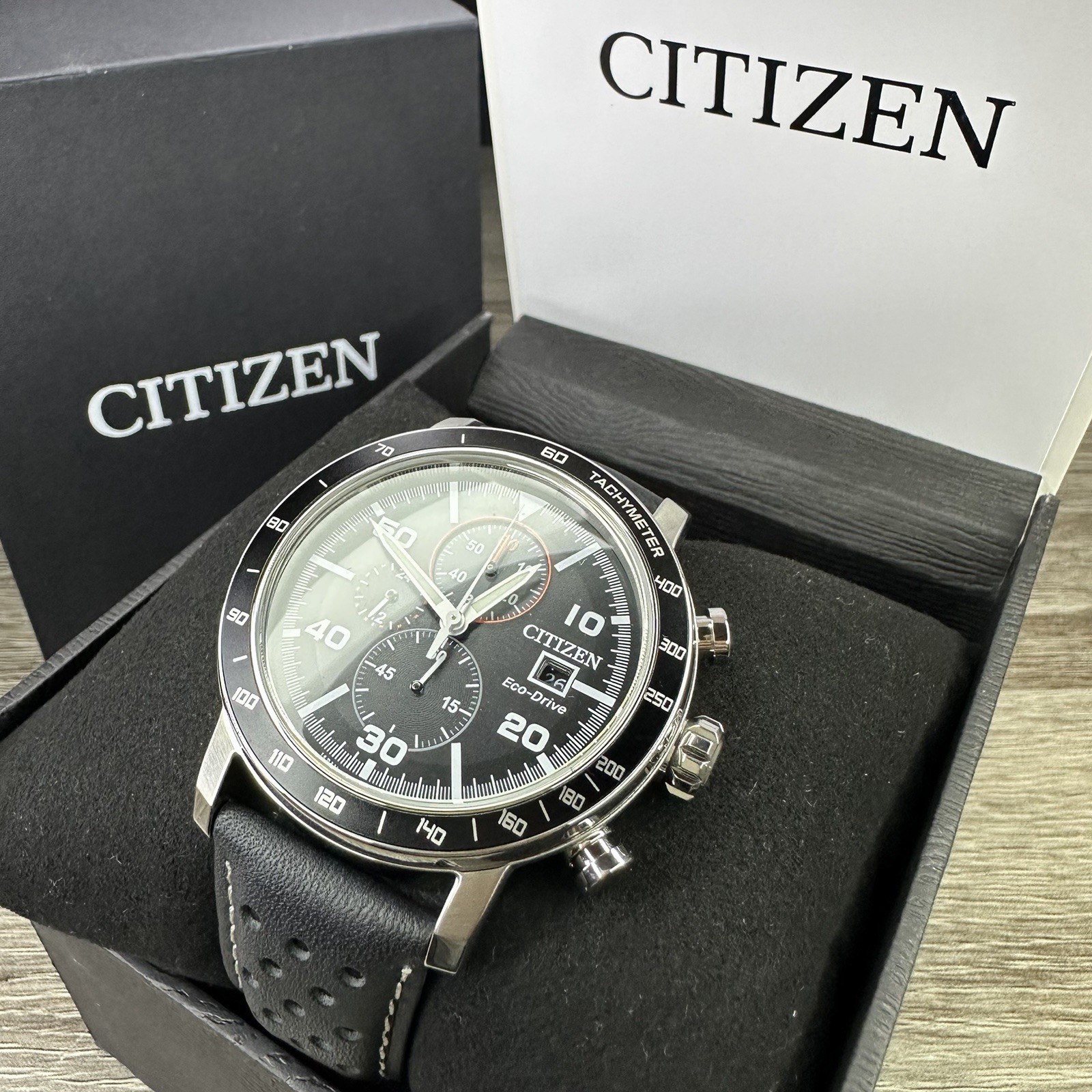 NEW✅TACHYMETER✅ Citizen Eco-Drive Brycen Black Leather Men’s Watch CA0649-14E